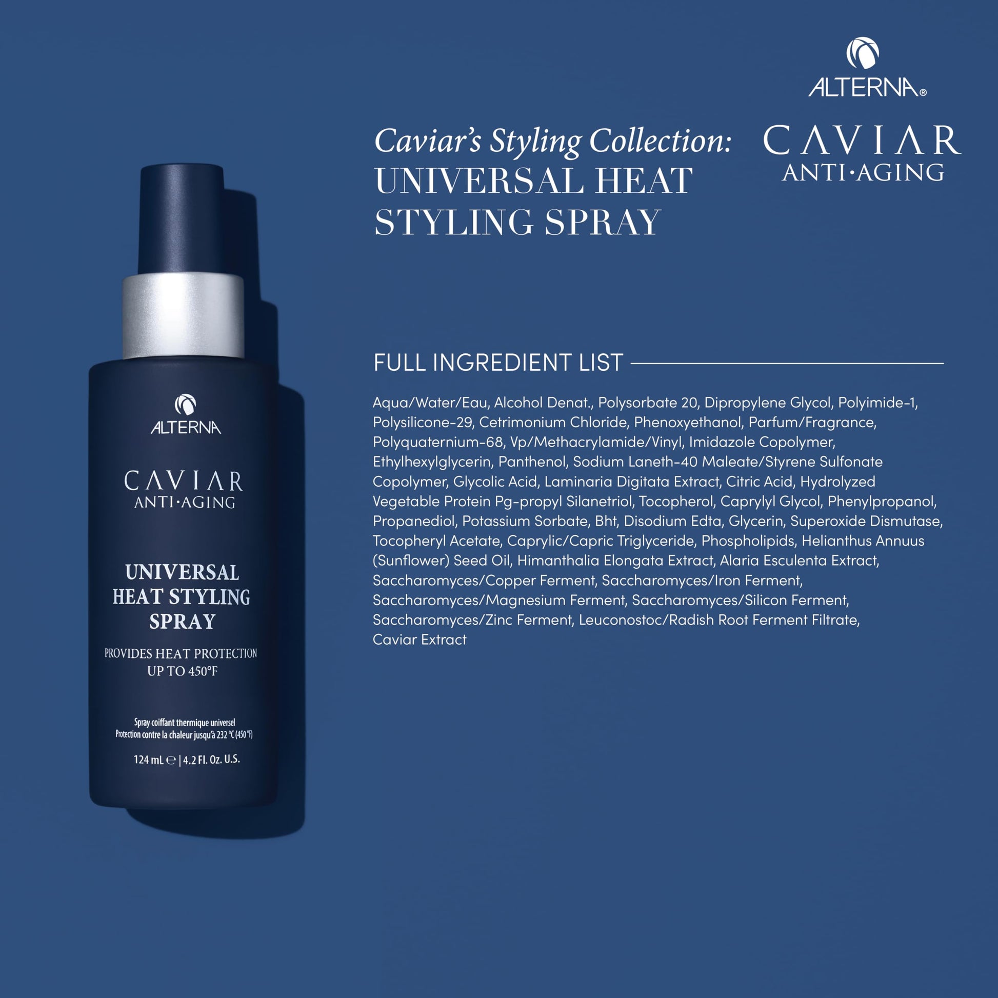 Dark Slate Blue Alterna Haircare CAVIAR Anti-Aging Universal Heat Styling Spray 4.2 Fl Oz | Heat Protectant for Wet or Dry Hair | Detangles, Smooths, and Softens | Eliminates Frizz, Resists Humidity | All Hair Types