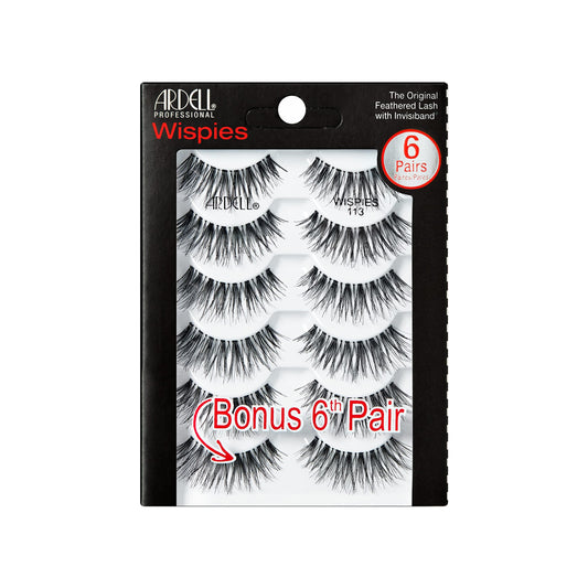 Black Ardell Wispies False Eyelashes 113 – Natural Wispy Strip Lashes, Lightweight & Seamless Invisiband for All-Day Wear, 6 Pairs, 1 Pack
