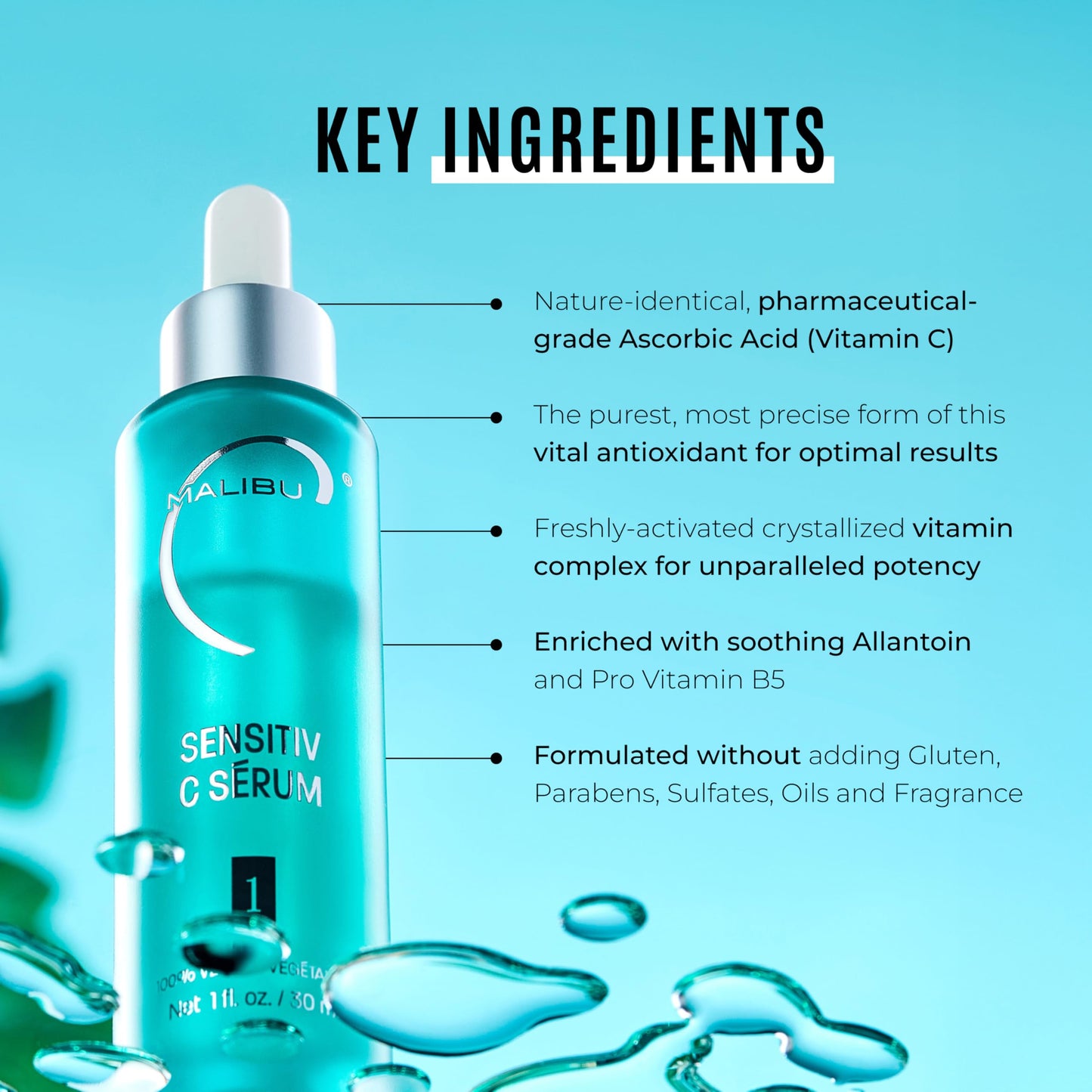 Sky Blue Malibu C Sensitiv C Face Serum - Vitamin C Serum for Combination & Sensitive Skin - Balances, Brightens & Protects with Ascorbic Acid, Allantoin & Pro Vitamin B5 (1 fl oz)