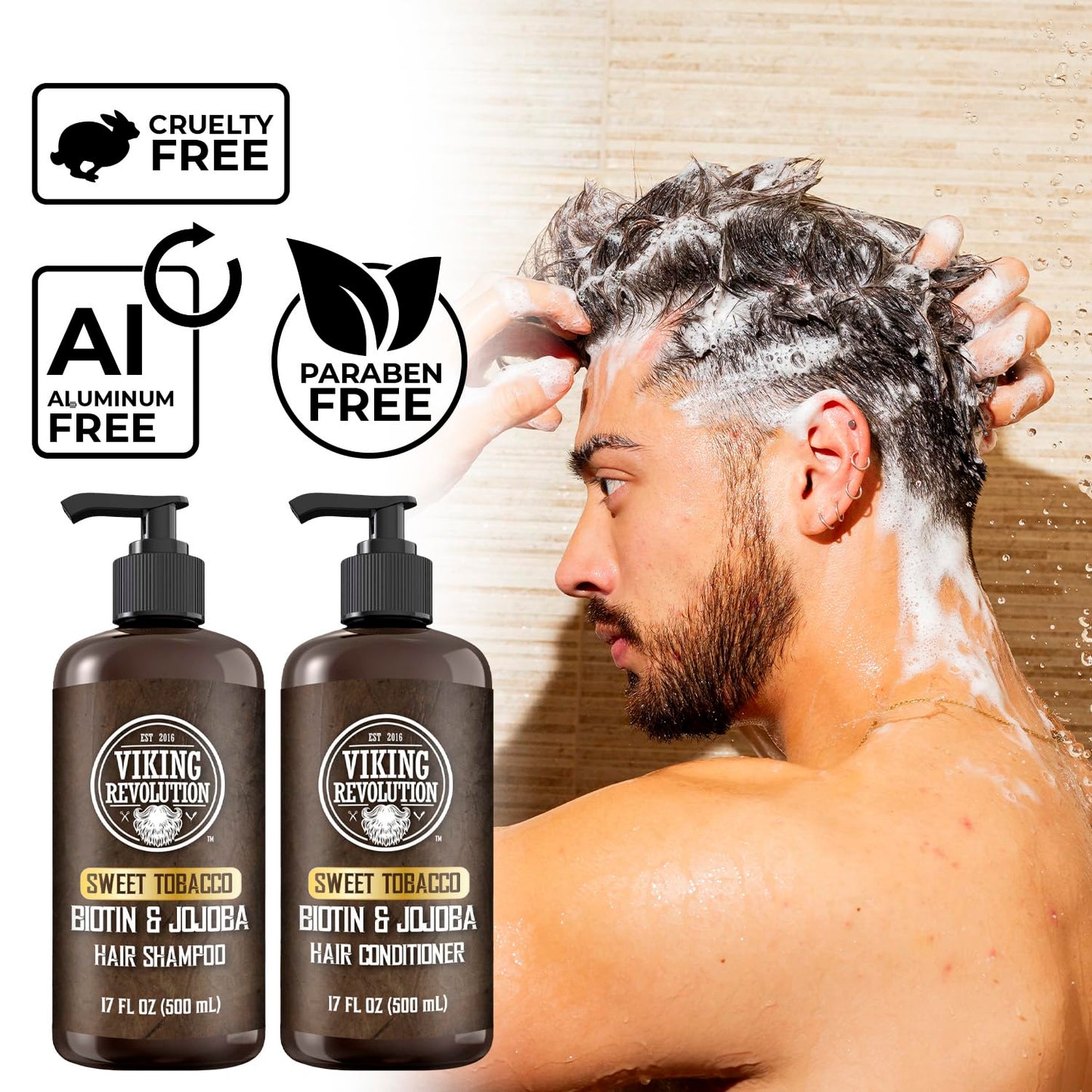 White Smoke Viking Revolution Sweet Tobacco Mens Shampoo and Conditioner Set with Biotin and Jojoba Oil - Natural Hair Shampoo and Hair Conditioner for Men with Vitamin B5 - Mens Shampoo for Thinning Hair (17Oz)