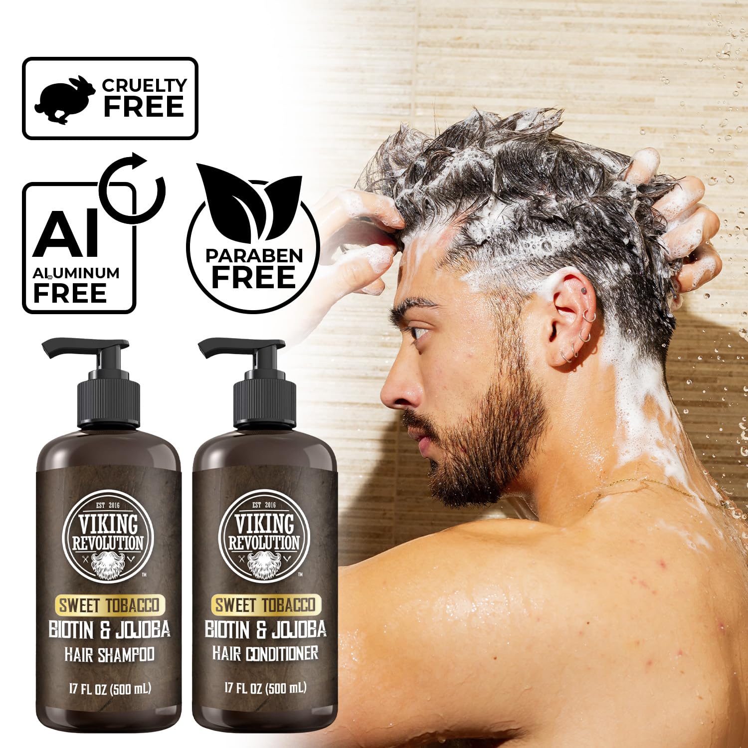 White Smoke Viking Revolution Sweet Tobacco Mens Shampoo and Conditioner Set with Biotin and Jojoba Oil - Natural Hair Shampoo and Hair Conditioner for Men with Vitamin B5 - Mens Shampoo for Thinning Hair (17Oz)