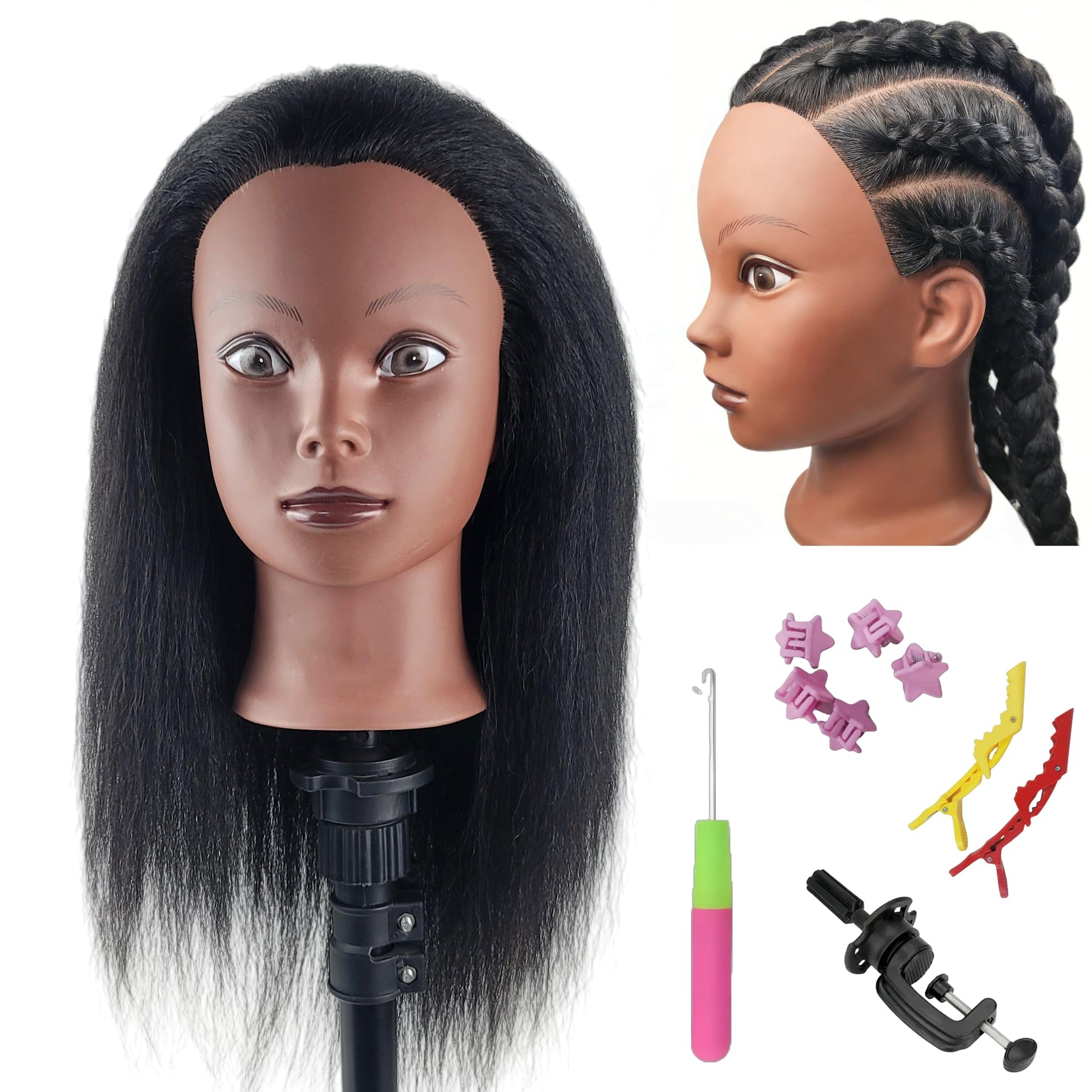 White Smoke Yiifiulyn African Mannequin Head with 100% Real Hair, Cosmetology Doll Head for Hairdresser Practice Hair Styling - Mannequin Head for Kids Practice Braiding Hair