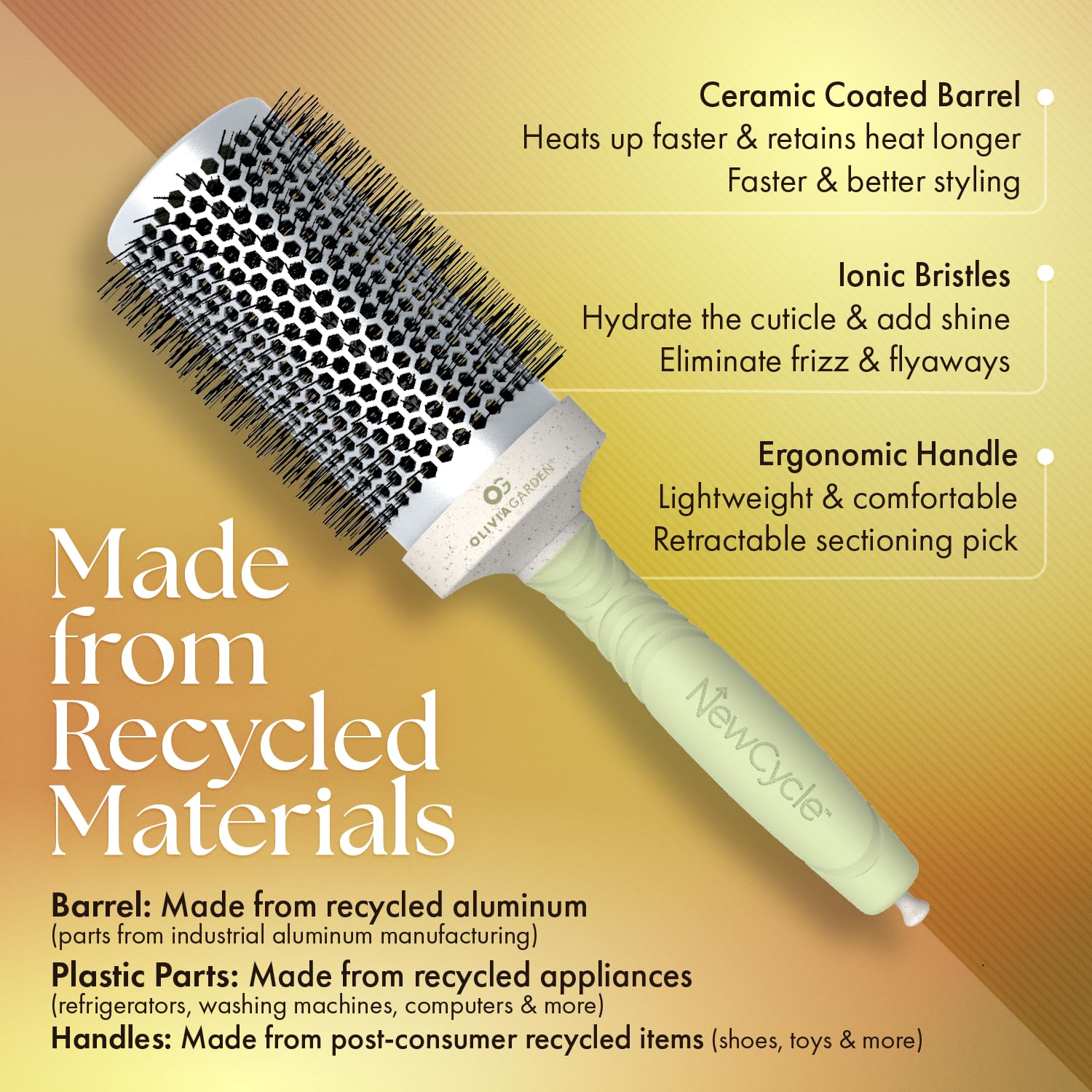 Tan Olivia Garden NewCycle Round Thermal Hair Brush (not Electrical) with Ceramic Barrel, Ionic Technology and Made from 100% Recycled Material (Except bristles)