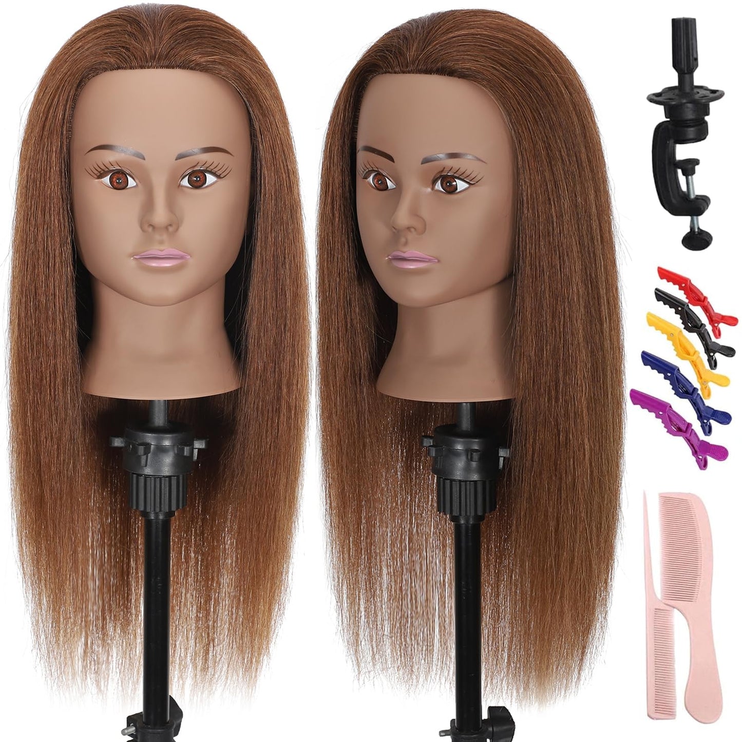 White Smoke TKIMHEQ Mannequin Head with 100% Real Hair Straight Hair 18" Doll Head Brown Skin Practice Braiding Training Head Styling Cosmetology Manikin for Hairdresser (Brown#)