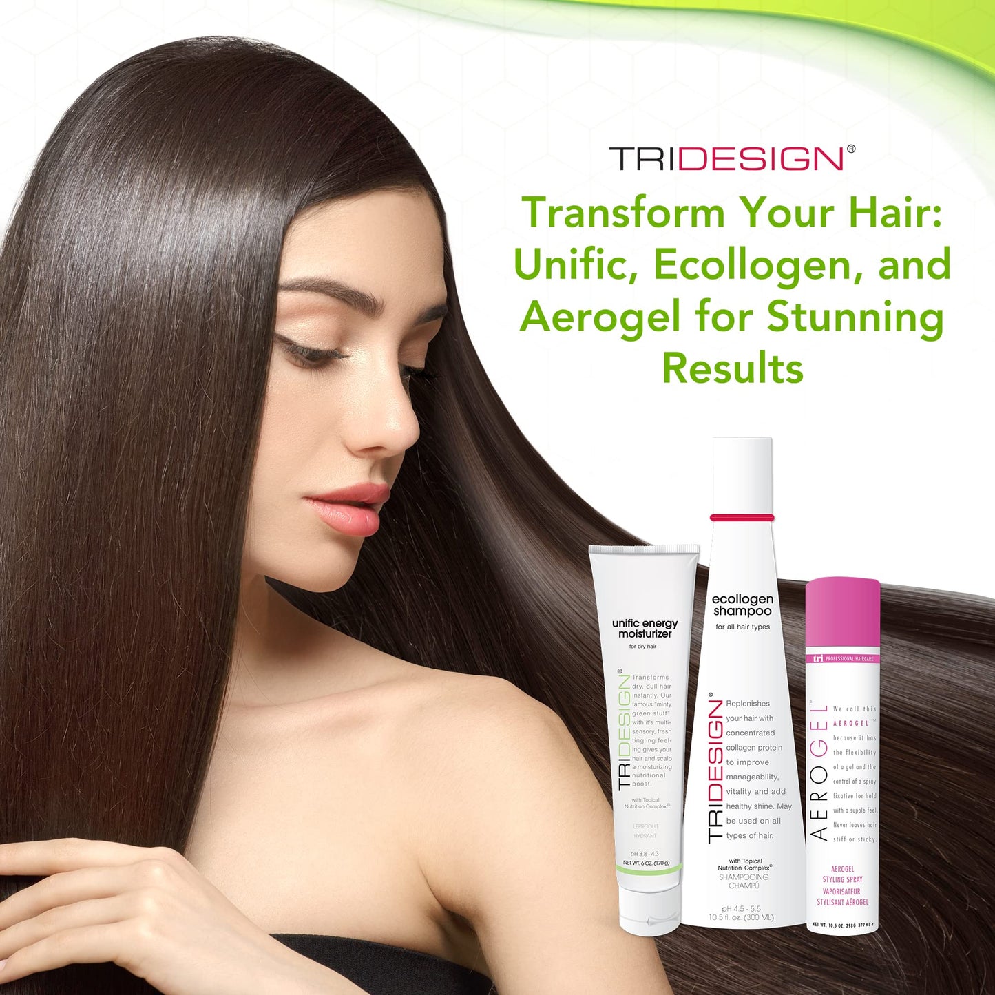 White Smoke TRI Design Shampoo, Conditioner and Hair Finishing Spray Set - Includes Aerogel Spray Gel 10.5 oz., Ecollogen Collagen Shampoo 10.5 oz. and Unific Energy Moisturizer 6 oz., for All Hair Types