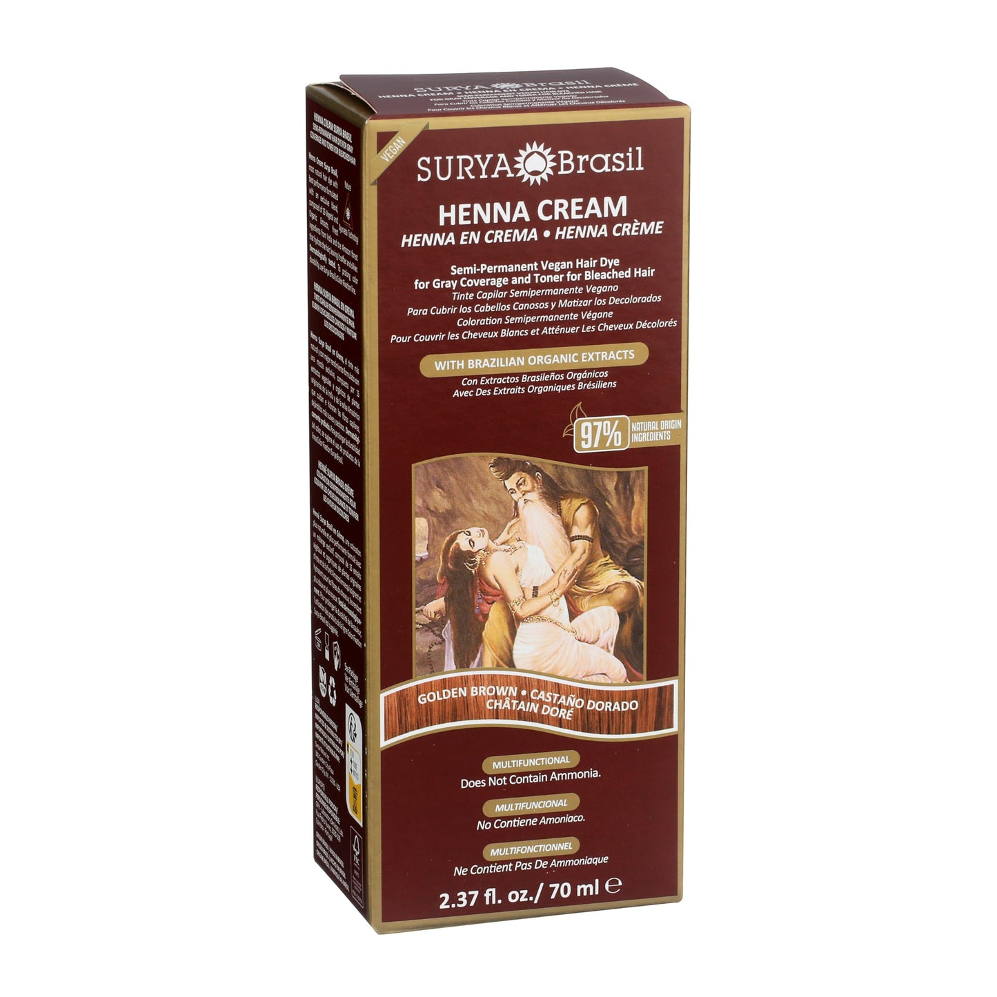 Saddle Brown Surya Brasil - Henna Cream, Semi-Permanent Golden Brown Hair Color Treatment for Gray Coverage, Deep Conditioning Hair Dye, 2.37 oz / 70 ml