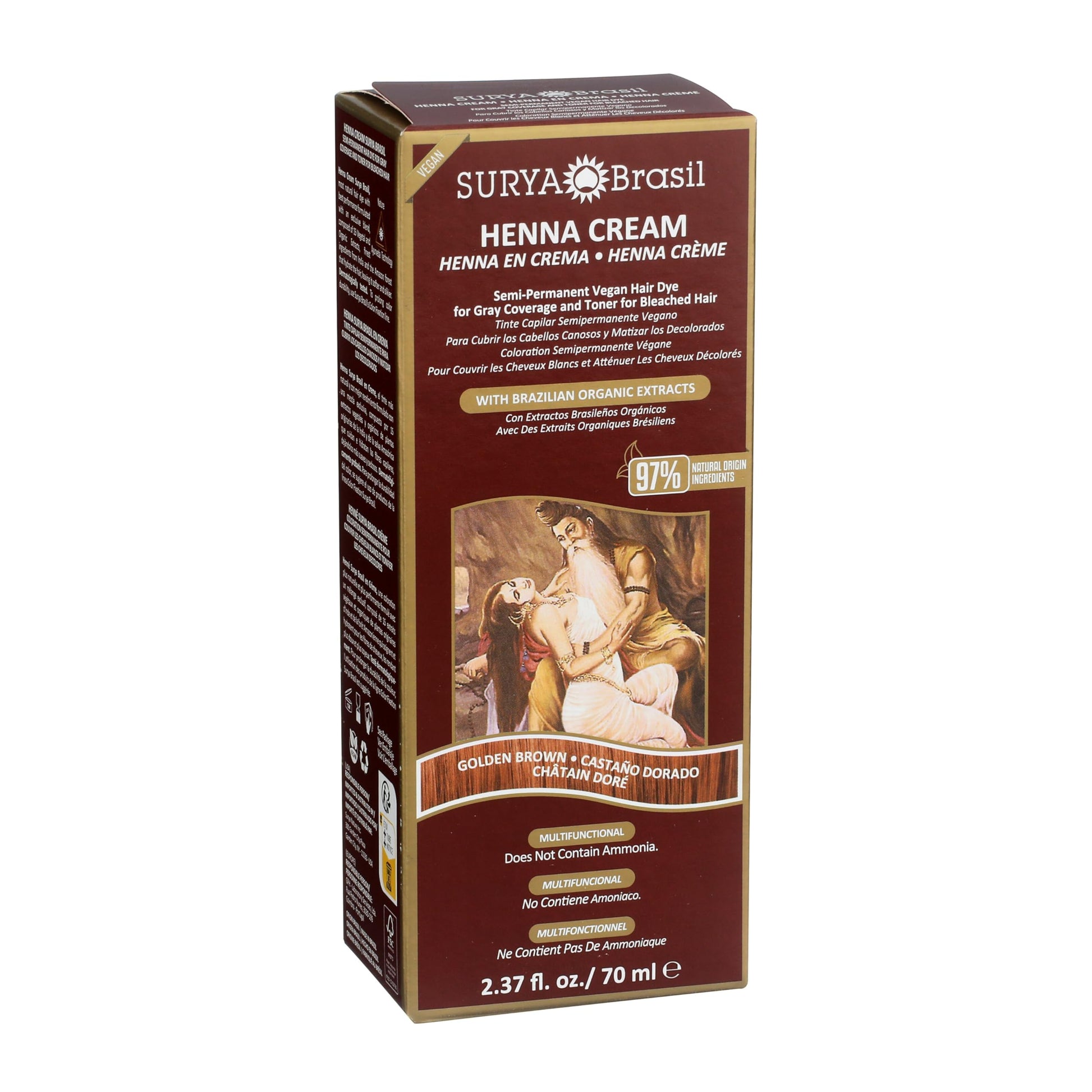 Saddle Brown Surya Brasil - Henna Cream, Semi-Permanent Golden Brown Hair Color Treatment for Gray Coverage, Deep Conditioning Hair Dye, 2.37 oz / 70 ml