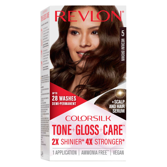 Black Revlon ColorSilk Tone + Gloss + Care Demi Permanent Hair Color, Dye Kit with Leave-In Scalp and Haircare Serum, 2x Shinier, 4x Stronger, 5 Medium Brown, 4.5 fl oz