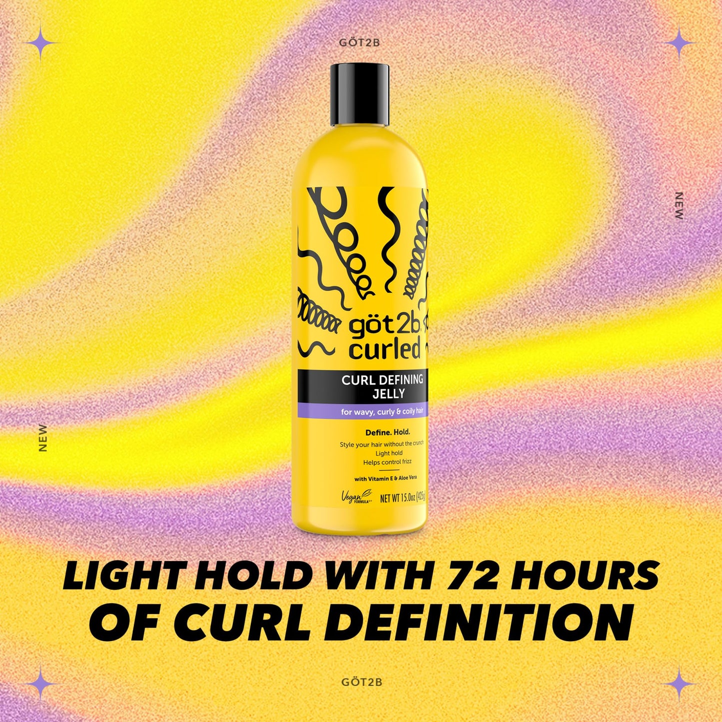 Gold Got2B Curled Curl Defining Jelly, 15 Fl Oz, Curl Gel with 72-Hour Frizz Control, Locks in Moisture for Wavy, Curly & Coily Hair, Light Hold, No Crunch Vegan Formula with Vitamin E and Argan Oil