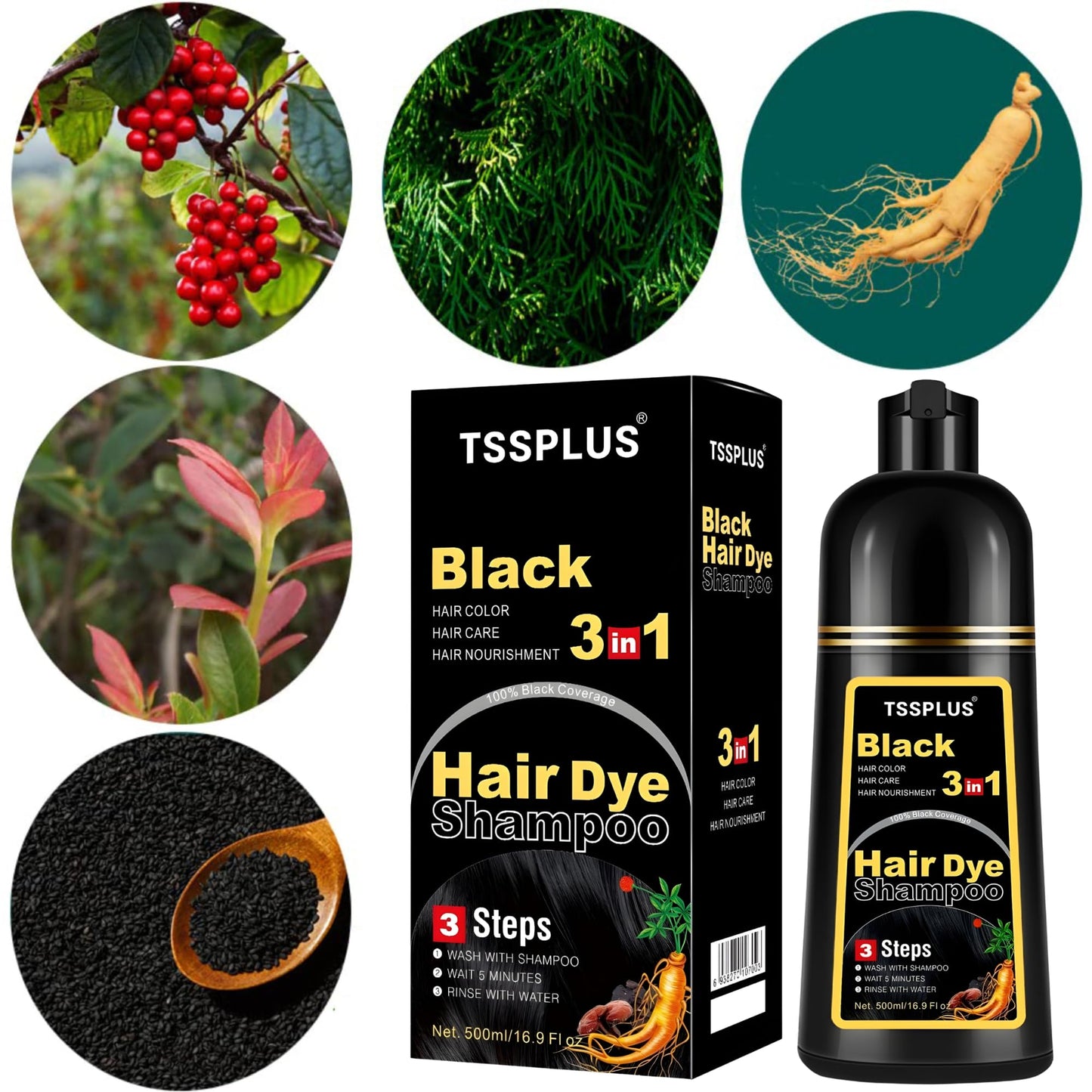 White Smoke TSSPLUS Black Hair Dye Shampoo, 500ml - Organic Natural Hair Color Dye Shampoo for Women & Men, Instant Gray White Hair Cover, Plant Essence, Semi-Permanent