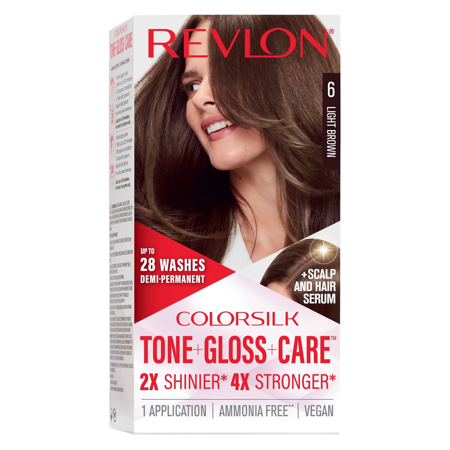 White Smoke Revlon ColorSilk Tone + Gloss + Care Demi Permanent Hair Color, Dye Kit with Leave-In Scalp and Haircare Serum, 2x Shinier, 4x Stronger, 6 Light Brown, 4.5 fl oz