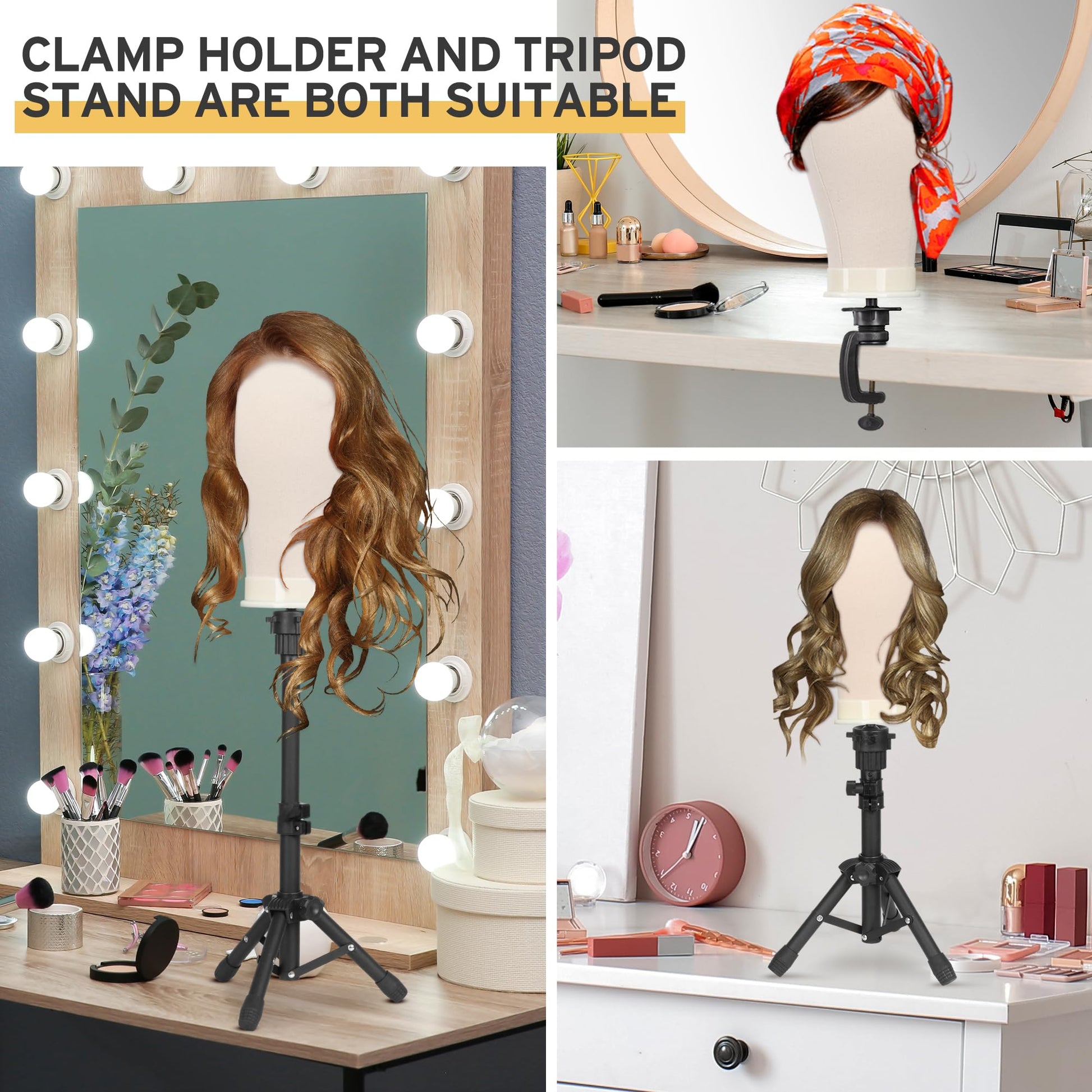Light Gray Klvied Wig Mannequin Stand for Desktop, Dual-use 22 Inch Canvas Wig Head Display, Adjustable Clamp Wig Holder, Manikin Head Stand Set for Cosmetology Hairdressing Training with Carrying Case