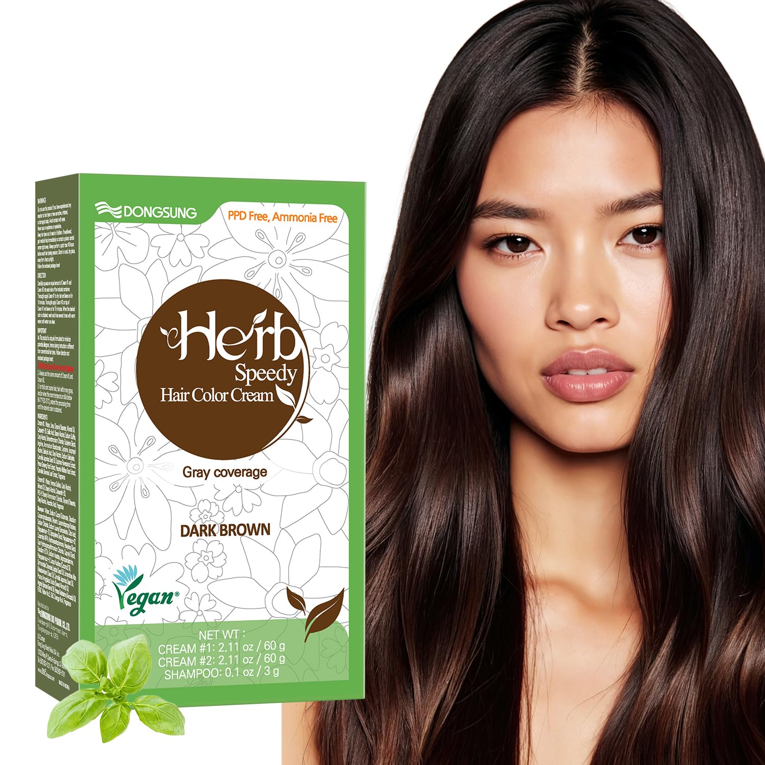 White Smoke Dongsung Herb Speedy Color Cream(Dark Brown) – Korean Herbal Vegan Hair Dye, PPD-Free, Ammonia-Free, Hypoallergenic – 100% Gray Coverage, Odorless, Dermatologically Tested, Quick 20-Minute Application