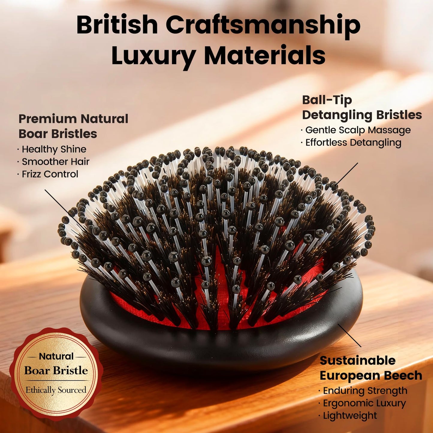 Gray OUMIGIZ Boar Bristle Hair Brush Since 1965 British Craftsmanship, Handmade Natural Wood Slick Back Hairbrush, Soft Bristles Gentle Detangling Smoothing Women Men Kids Long Curly Thick,Thin, Fine Hair