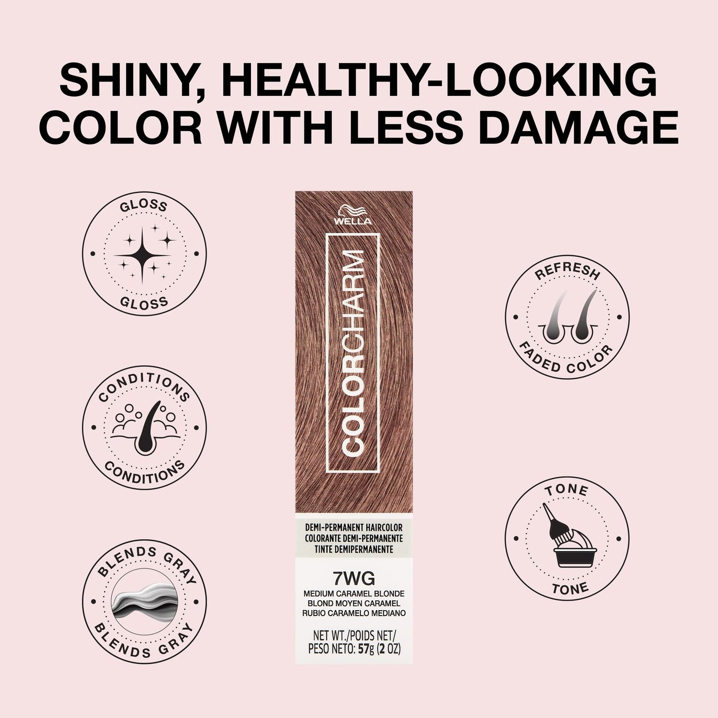 Misty Rose COLORCHARM Demi Permanent Hair Color 7WG Medium Caramel Blonde Gloss, Refresh & Tone 2 Fl Oz