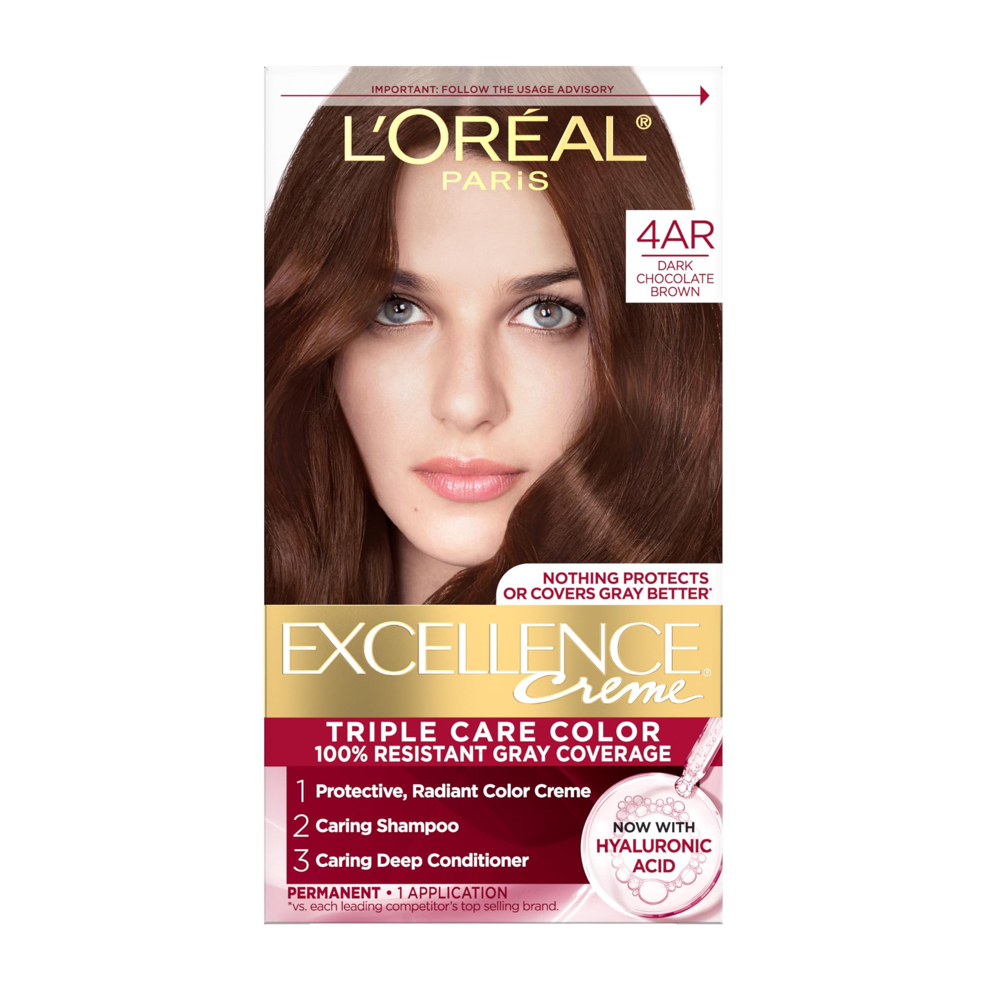 Dark Slate Gray L'Oreal Paris Excellence Crème Permanent Hair Dye, Triple Care Hair Color with Hyaluronic Acid for 100% Gray Coverage, 4AR Dark Chocolate Brown, 1 Kit (Packaging May Vary)