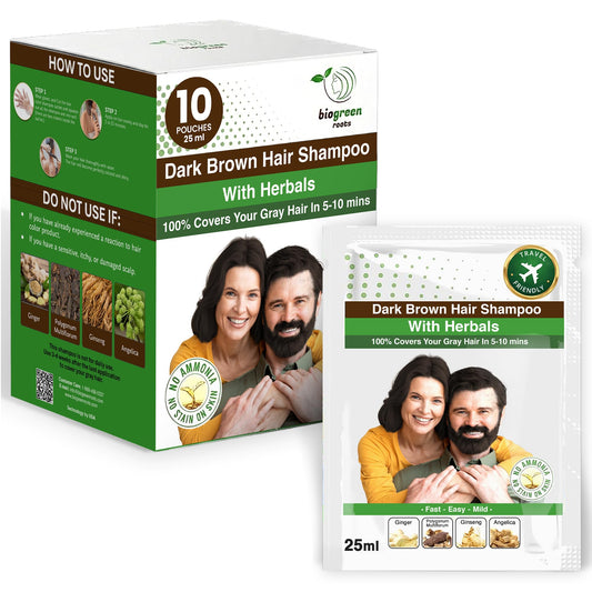White Smoke BIOGREEN ROOTS Ammonia-Free & Paraben-Free Herbal Hair Dye Shampoo for Women & Men – Natural Color Haircare Wash for Gray Coverage, Nourishing Shampoo for Color Care – Dark Brown (10 sachets x 25ml)