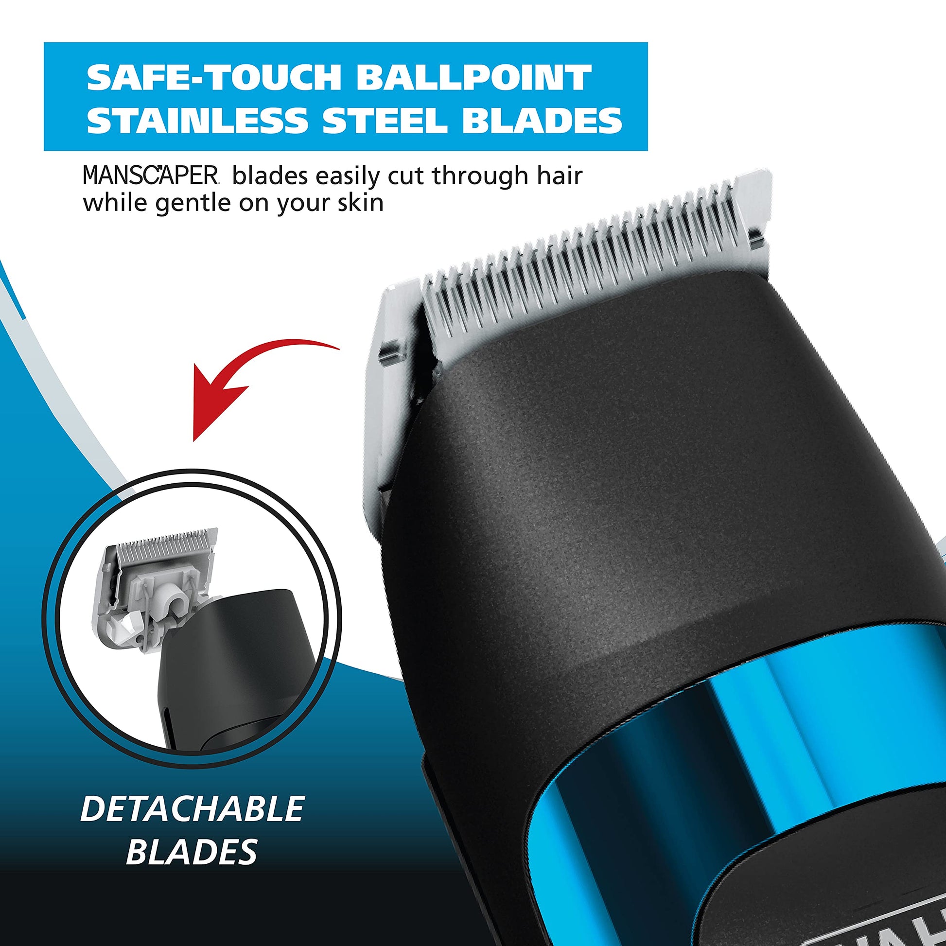 White Smoke Wahl Manscaper® Total Body Grooming and Your Hair Down There Rechargeable Deluxe Hair Trimmer and Shaver with Safe-Touch Detachable Stainless Steel Precision Blades - Model 5708
