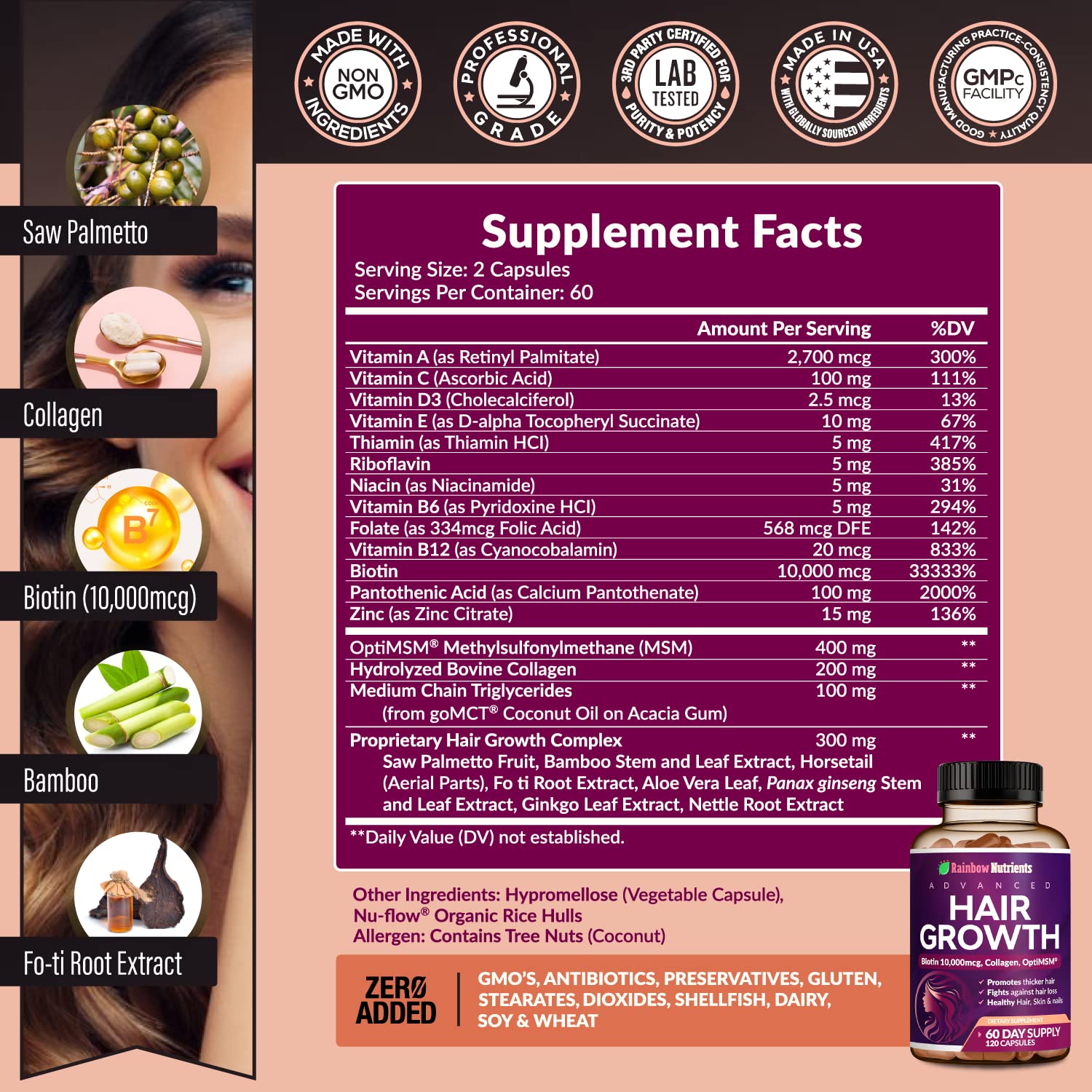 Light Pink Hair Growth Vitamins for Women | Biotin 10,000mcg, Collagen, Patented OptiMSM®, goMCT®, Saw Palmetto | Naturally Regrow Stronger & Healthier Hair, Skin and Nails | Stops Hair Loss | 60 Day Supply