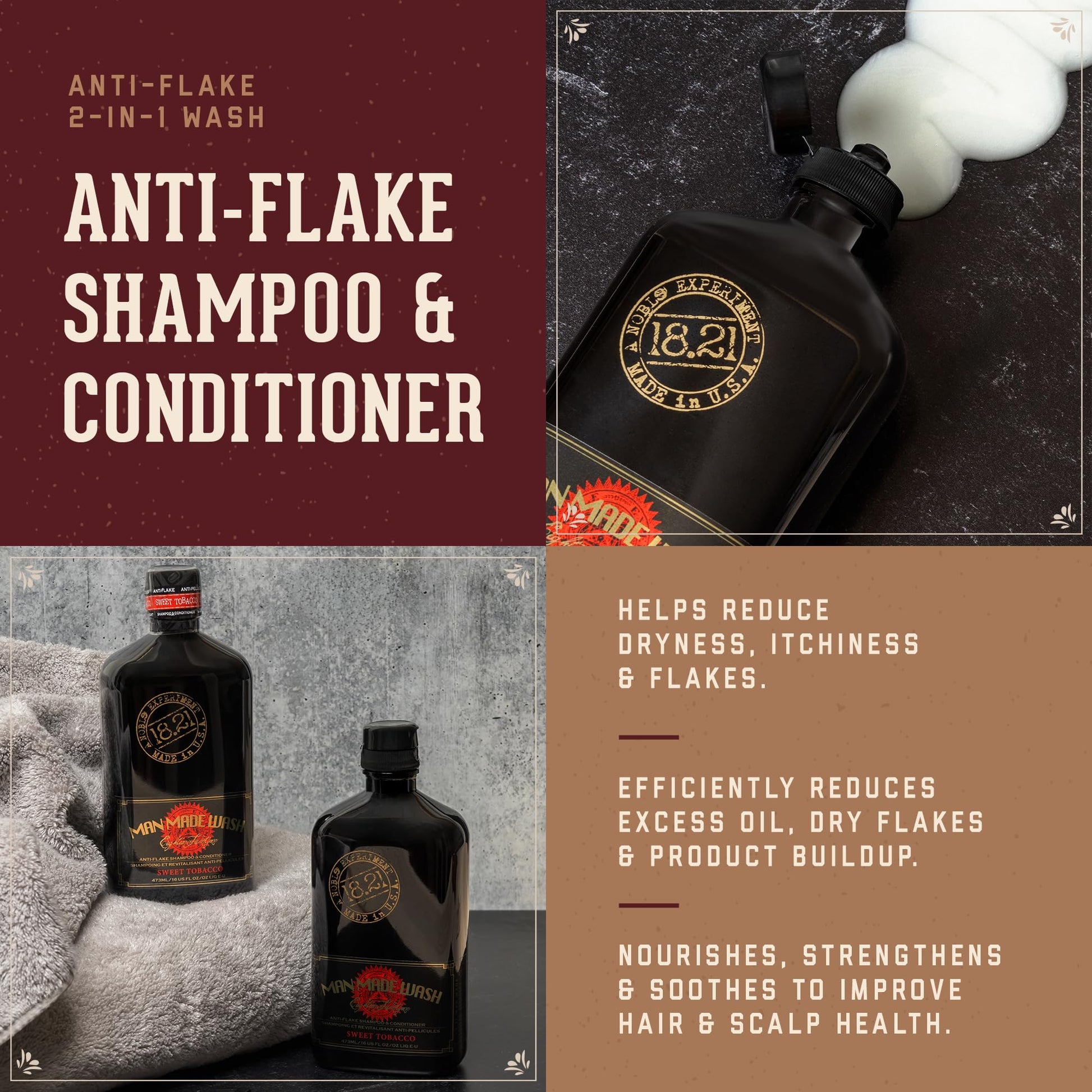 Sienna 18.21 Man Made Anti-Flake 2-in-1 Shampoo & Conditioner in Sweet Tobacco: Hydrating Cleanse Helps Dry, Itchy, Flaky Scalp