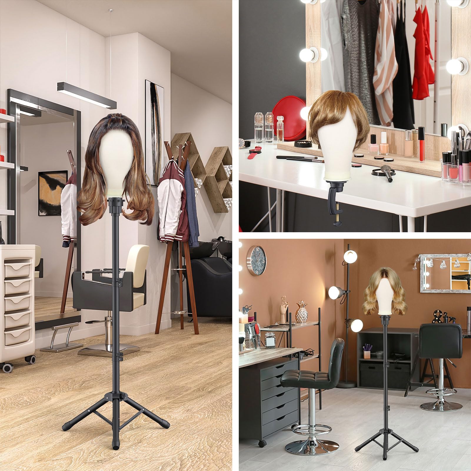Dark Gray Hemndic Wig Stand with Head, Height Adjustable Wig Stand, Wig Head Stand with Mannequin Head with Extra Wig head Clamp Stand