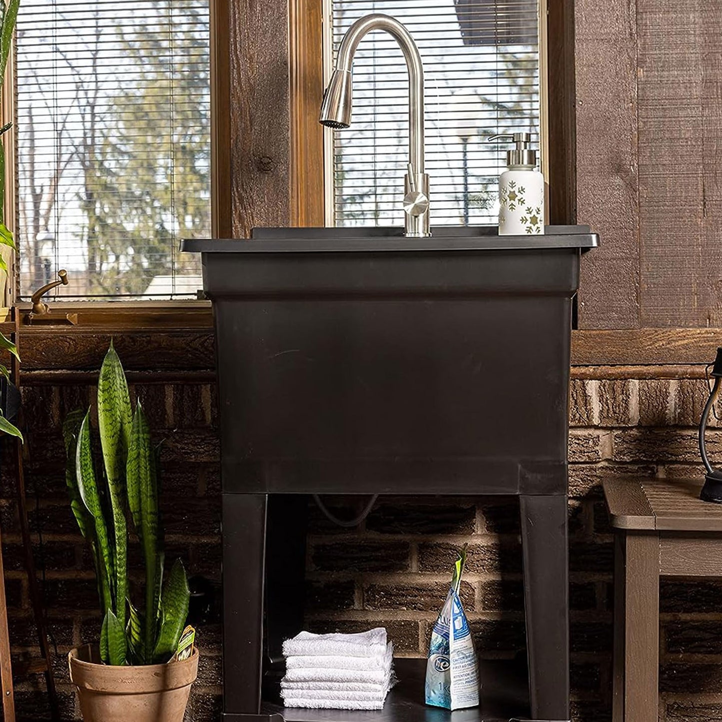 Black UTILITYSINKS Freestanding Utility Tub Sink with Quick Connect Drain, 24 x 24", Black - Portable and Compact Sink with Faucet for Outdoor Kitchen, Laundry Room, Garage, and Basement