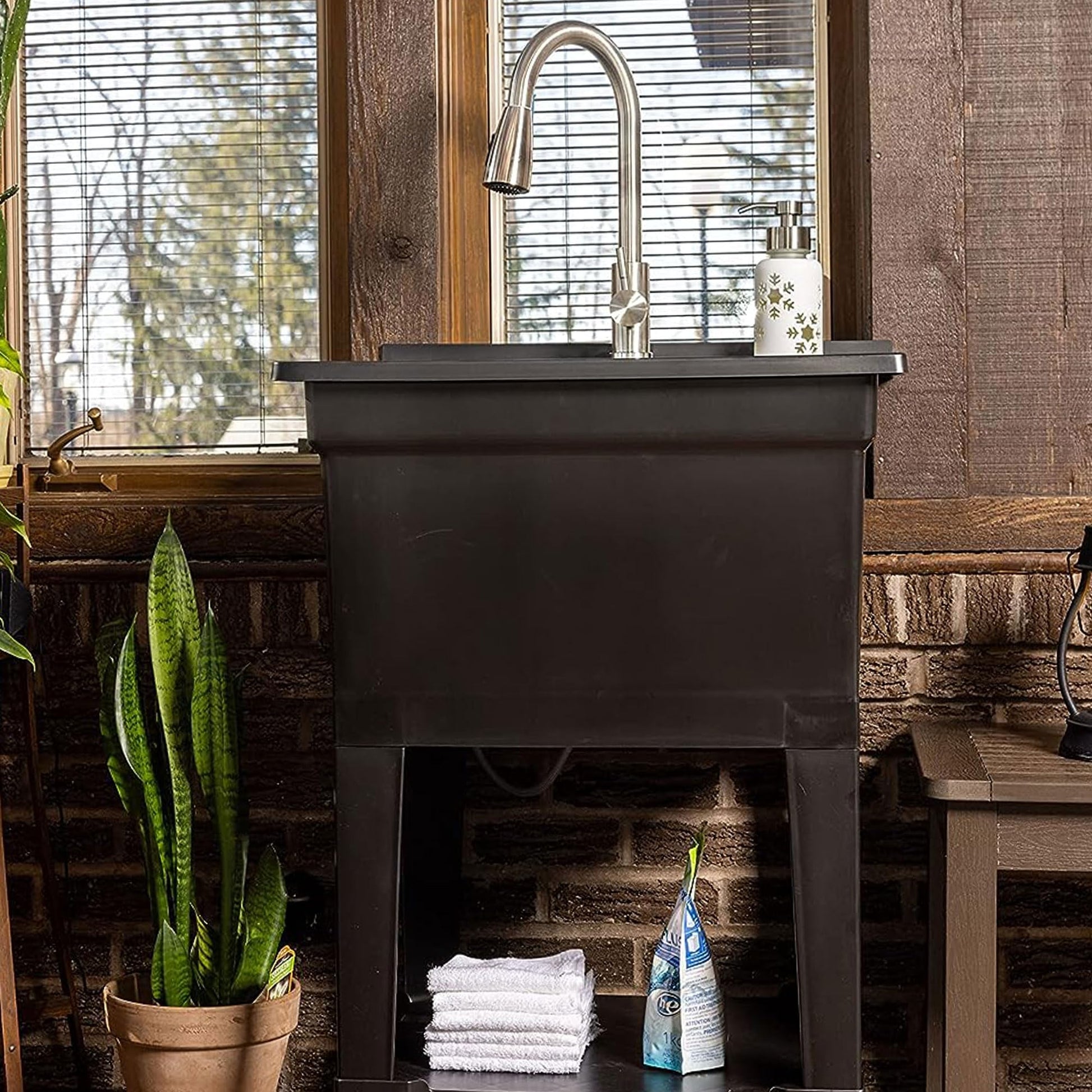 Black UTILITYSINKS Freestanding Utility Tub Sink with Quick Connect Drain, 24 x 24", Black - Portable and Compact Sink with Faucet for Outdoor Kitchen, Laundry Room, Garage, and Basement