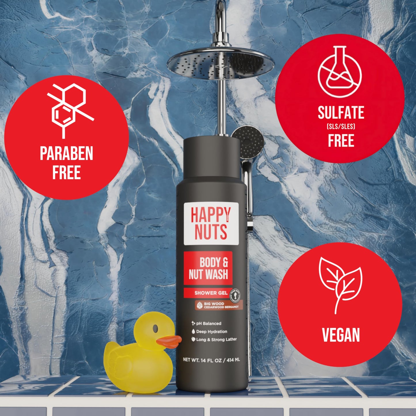 Slate Gray HAPPY NUTS Big Wood Body and Nut Wash - Moisturizing Men's Shower Gel, Bodywash with Deep Cleanse for Sensitive Skin - Men's Body Soap