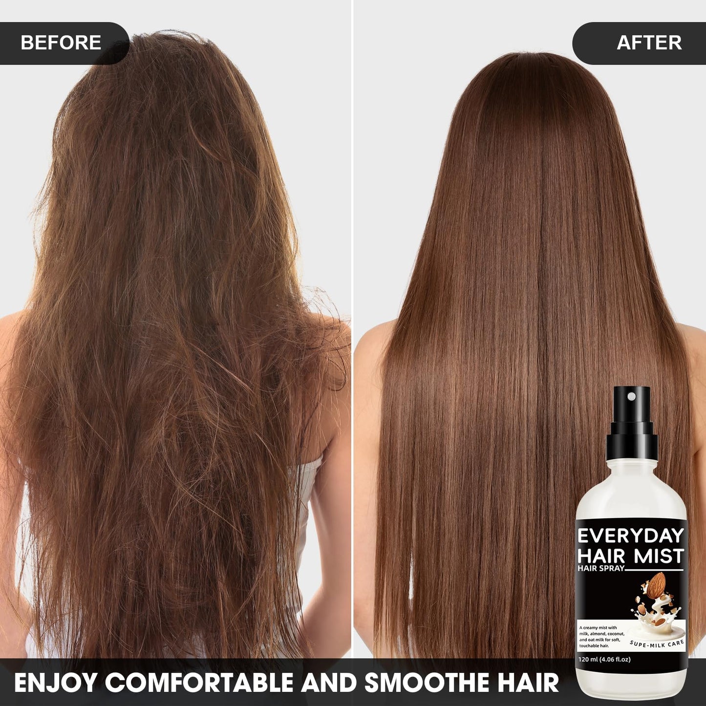 Lavender Super Almond Milk Leave in Conditioner Spray with Collagen – Detangler & Anti Frizz Hair Treatment for Dry Damaged Hair, Helps Reduce Split Ends & Flyaways, Improves Softness & Shine, 4 fl oz (120mL)