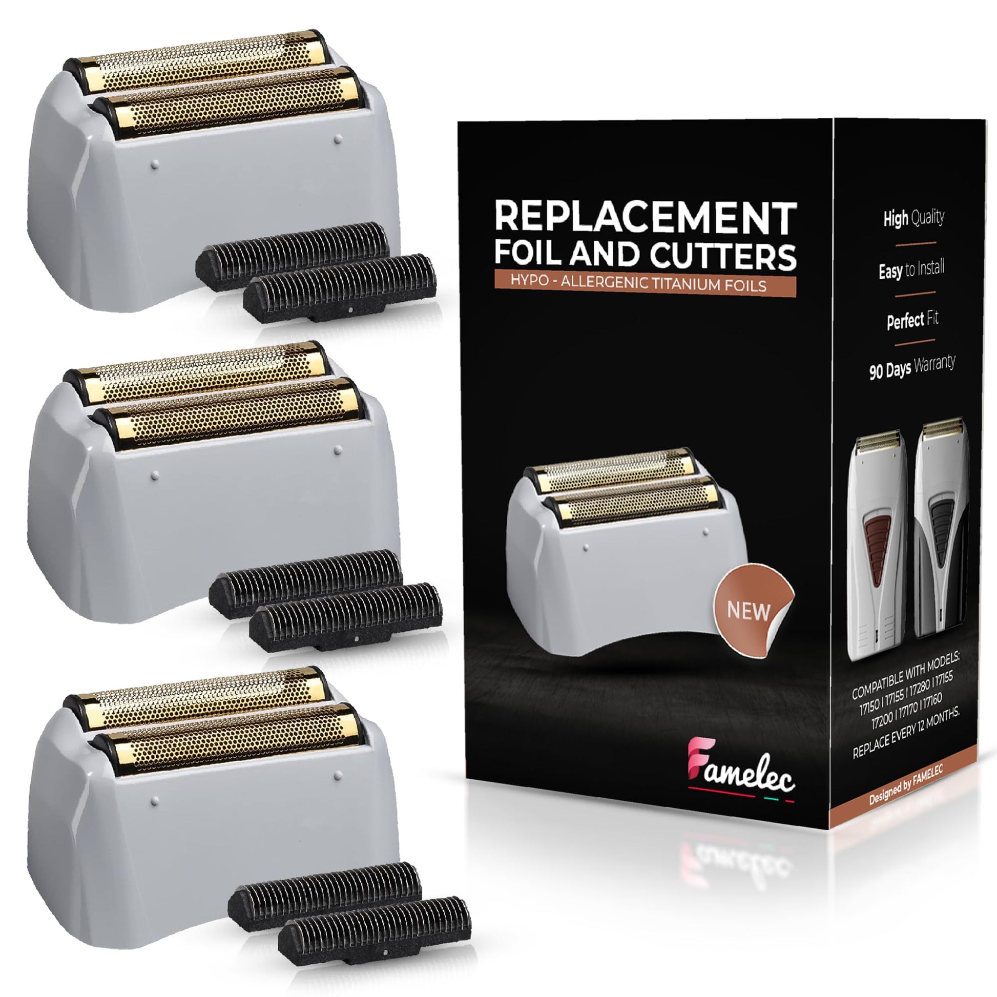 White Smoke FAMELEC Replacement Heads for Andis Shaver Pro-Foil & Lithium - Super Soft Gold Titanium Cutters for Andis Foil Shaver Replacement TS1 17150 17235 17220 TS2 17200, Compatible with Razor Blades