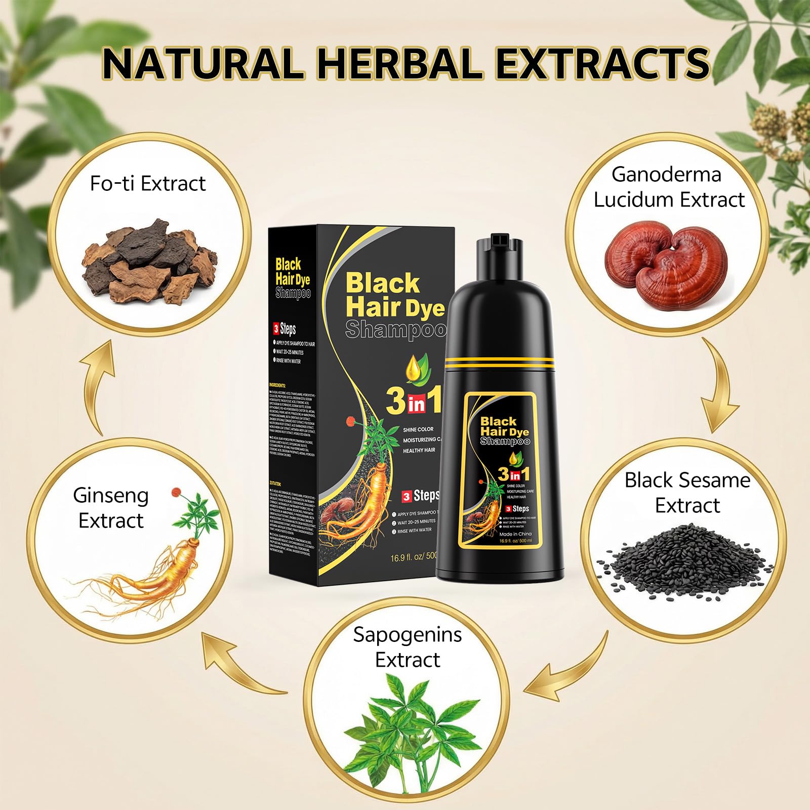 Antique White JUANCHI Black Hair Dye Shampoo 3 in1, Black Shampoo Hair Dye for Gray Coverage, Natural Hair Color for Women Men, Herbal Formula, Ammonia-free