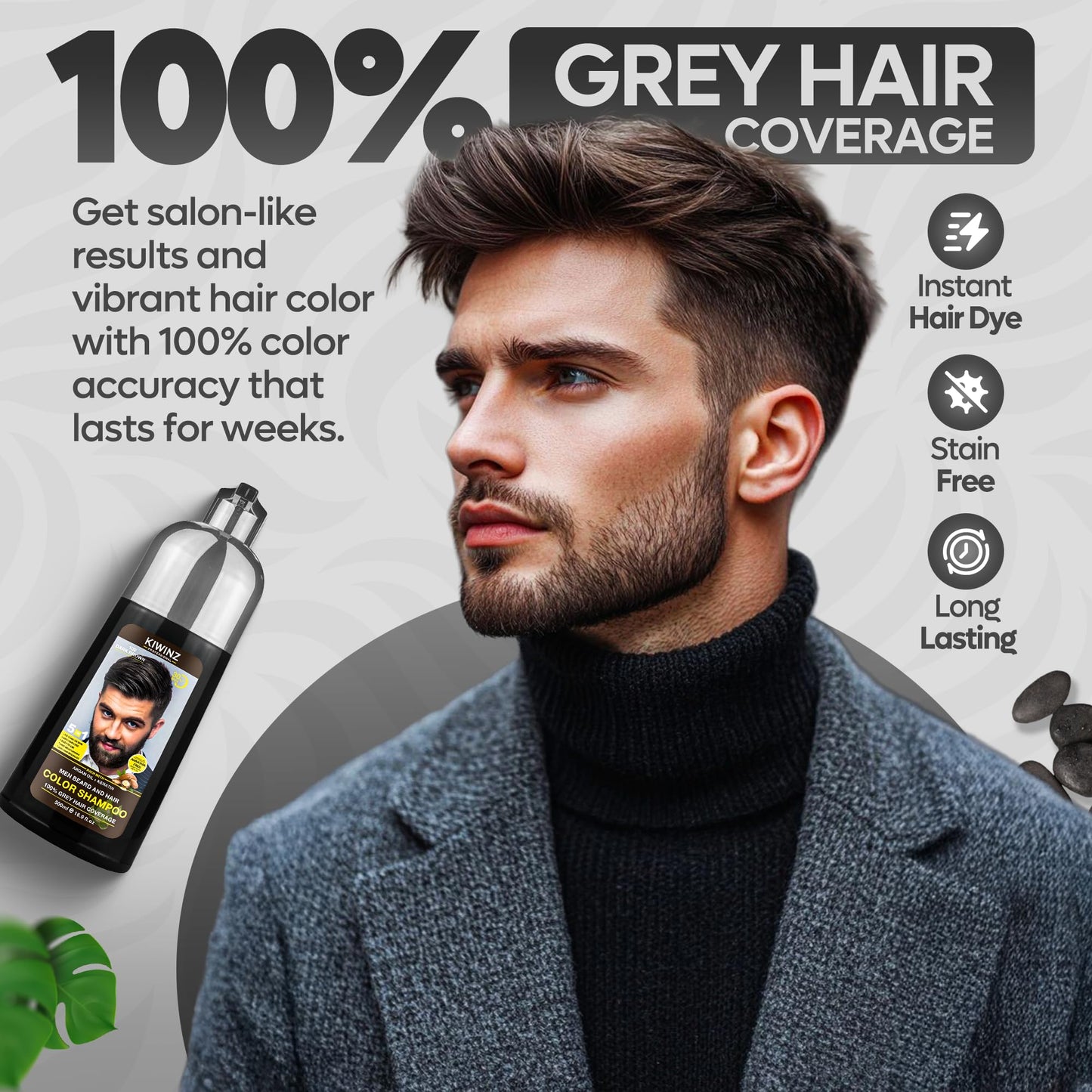 Light Gray Kiwinz Professional Dark Brown Hair Color Shampoo for Men – 5 in 1 Hair Dye Shampoo for Grey Hair - Instant Hair Dye with 100% Color Accuracy with Natural Ingredients - Ammonia Free - 500ml