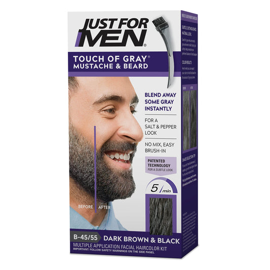 Lavender Just For Men Touch of Gray Mustache & Beard, Beard Coloring for Gray Hair with Brush Included for Easy Application, Great for a Salt and Pepper Look - Dark Brown & Black, B-45/55, Pack of 1