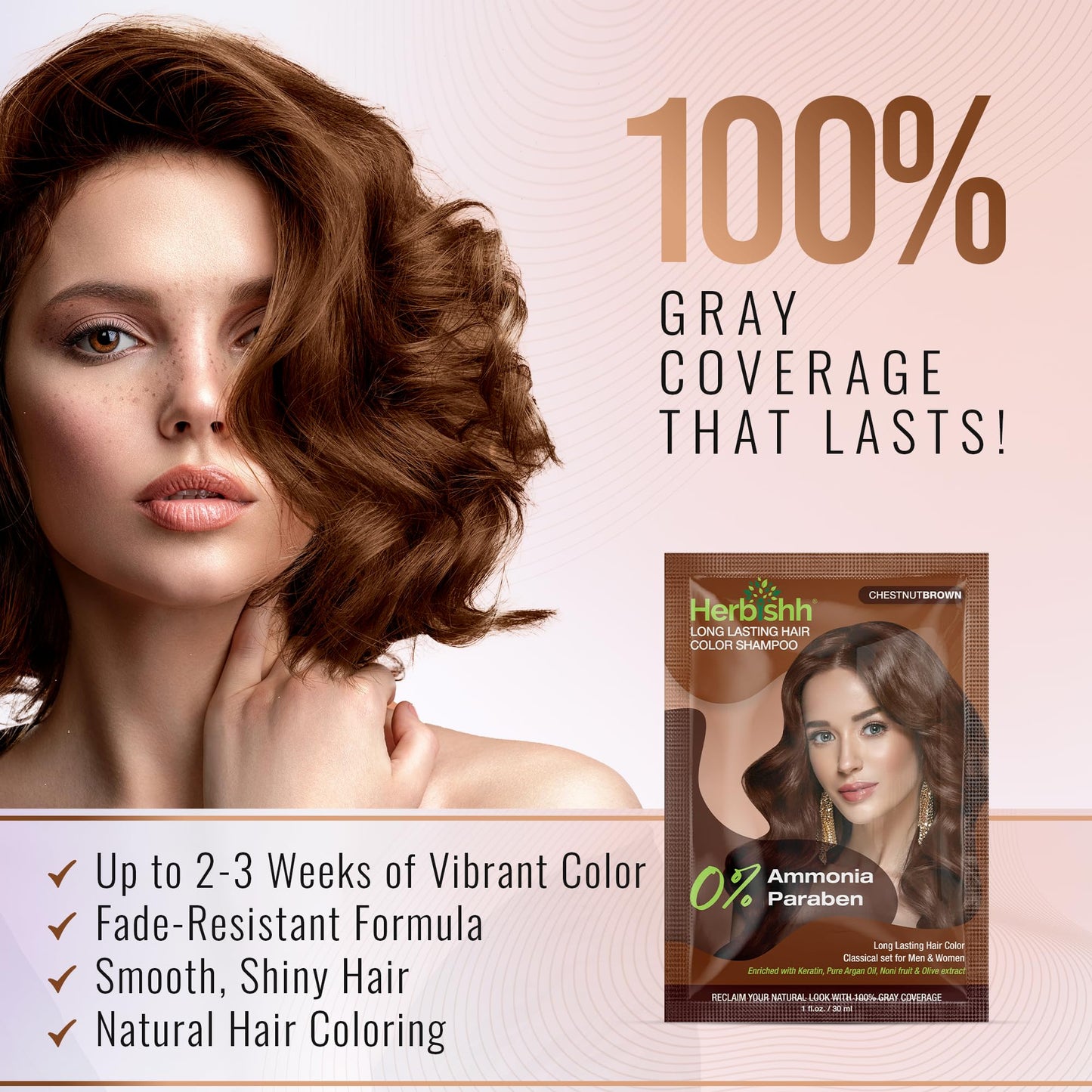 Misty Rose Herbishh Chestnut Brown Shampoo for Gray Hair, Hair Dye Shampoo 3 in 1, 100% Grey Coverage, Instant Permanent Shampoo for Men & Women, Long-lasting & Travel-friendly, Ammonia-free, 30 ml (Pack of 5)