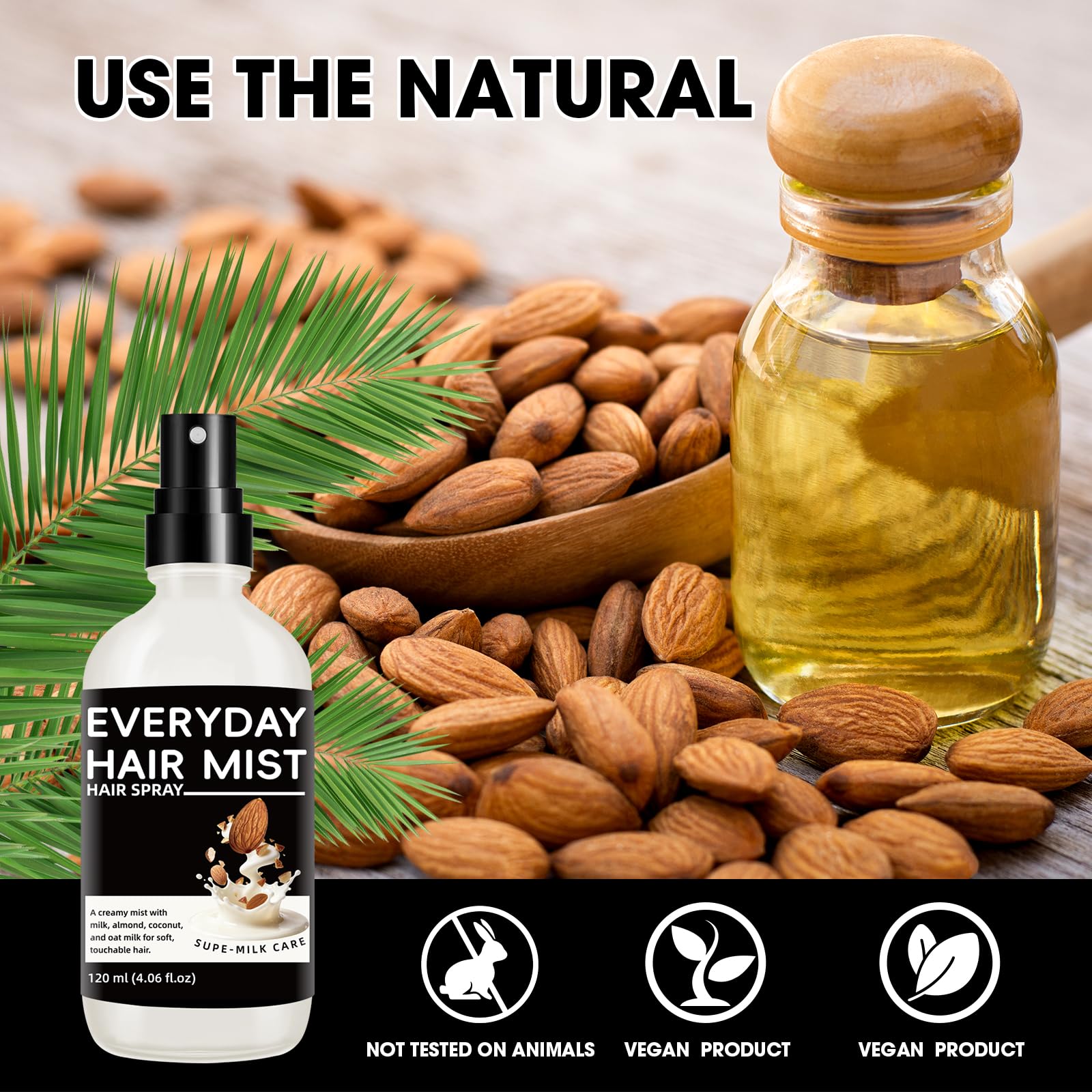 Black Super Almond Milk Leave in Conditioner Spray with Collagen – Detangler & Anti Frizz Hair Treatment for Dry Damaged Hair, Helps Reduce Split Ends & Flyaways, Improves Softness & Shine, 4 fl oz (120mL)