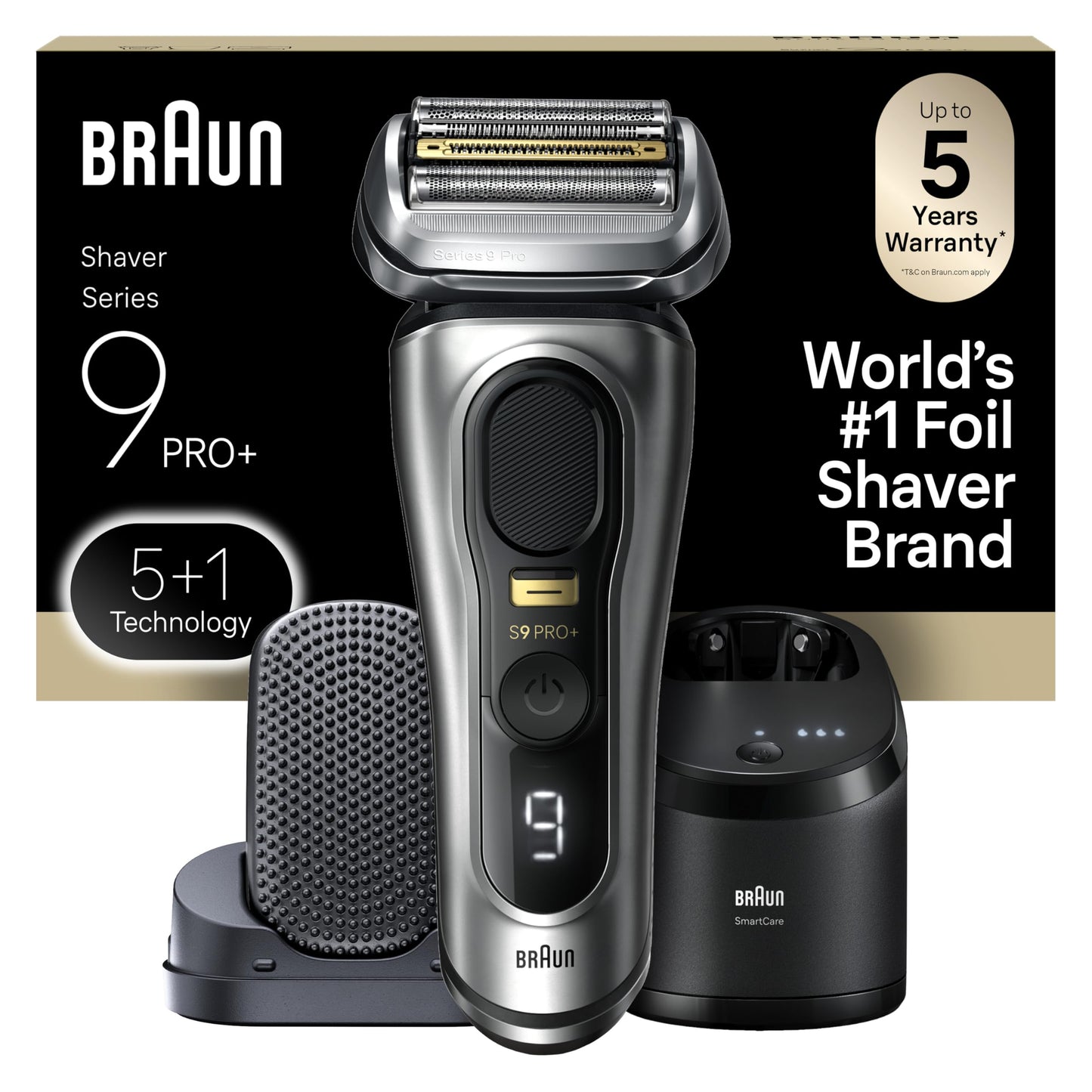 Black Braun Series 9 PRO+ Electric Razor for Men, 5 Pro Shaving Elements and Shave-Preparing ProComfort Head for Closeness & Skin Comfort, 6in1 SmartCare Center, Wet or Dry Shaver, Charging Stand, 9597cc