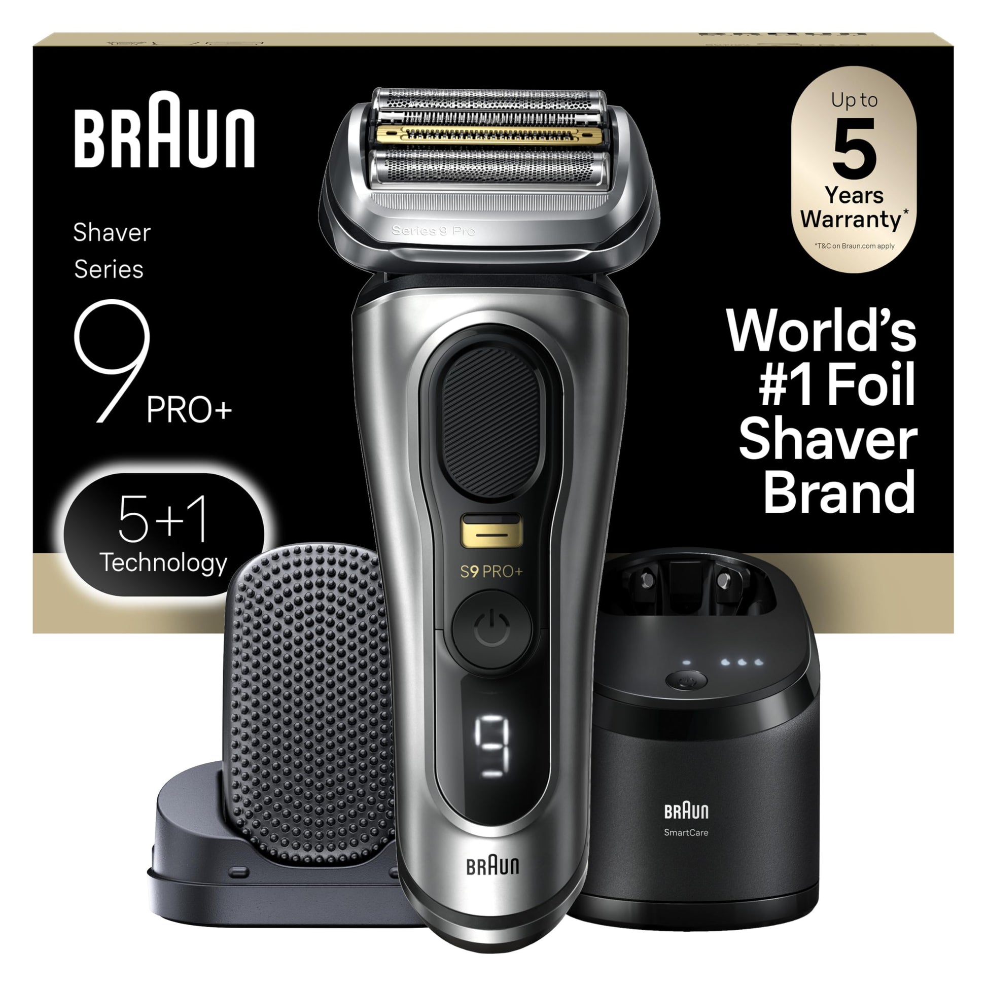 Black Braun Series 9 PRO+ Electric Razor for Men, 5 Pro Shaving Elements and Shave-Preparing ProComfort Head for Closeness & Skin Comfort, 6in1 SmartCare Center, Wet or Dry Shaver, Charging Stand, 9597cc