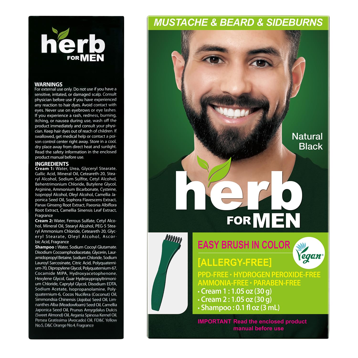 Dark Slate Gray Herb For Men Mustache & Beard Dye (Nature Black, 1 Pack), PPD-Free Ammonia-Free, Vegan with Natural Ingredients, Gentle for Sensitive Skin, No Skin Irritation