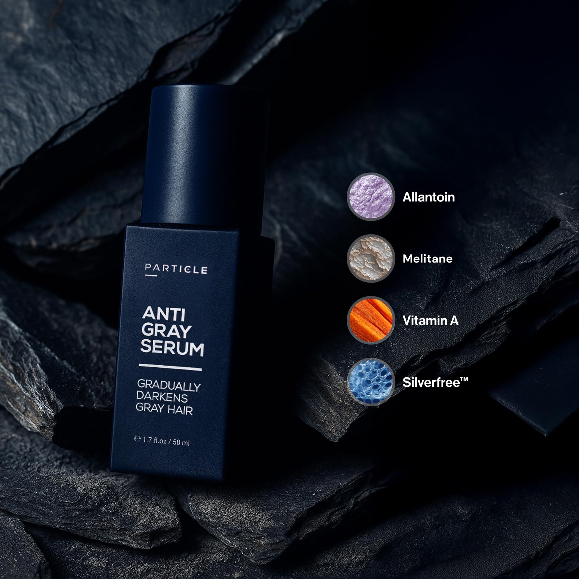 Black Particle Anti-Gray Serum for Men – Gradually Reduces Gray Hair on Head & Beard Without Dye – Natural Gray Reduction with Silverfree™, Vitamin A, Melitane & Allantoin – Peroxide & Ammonia Free