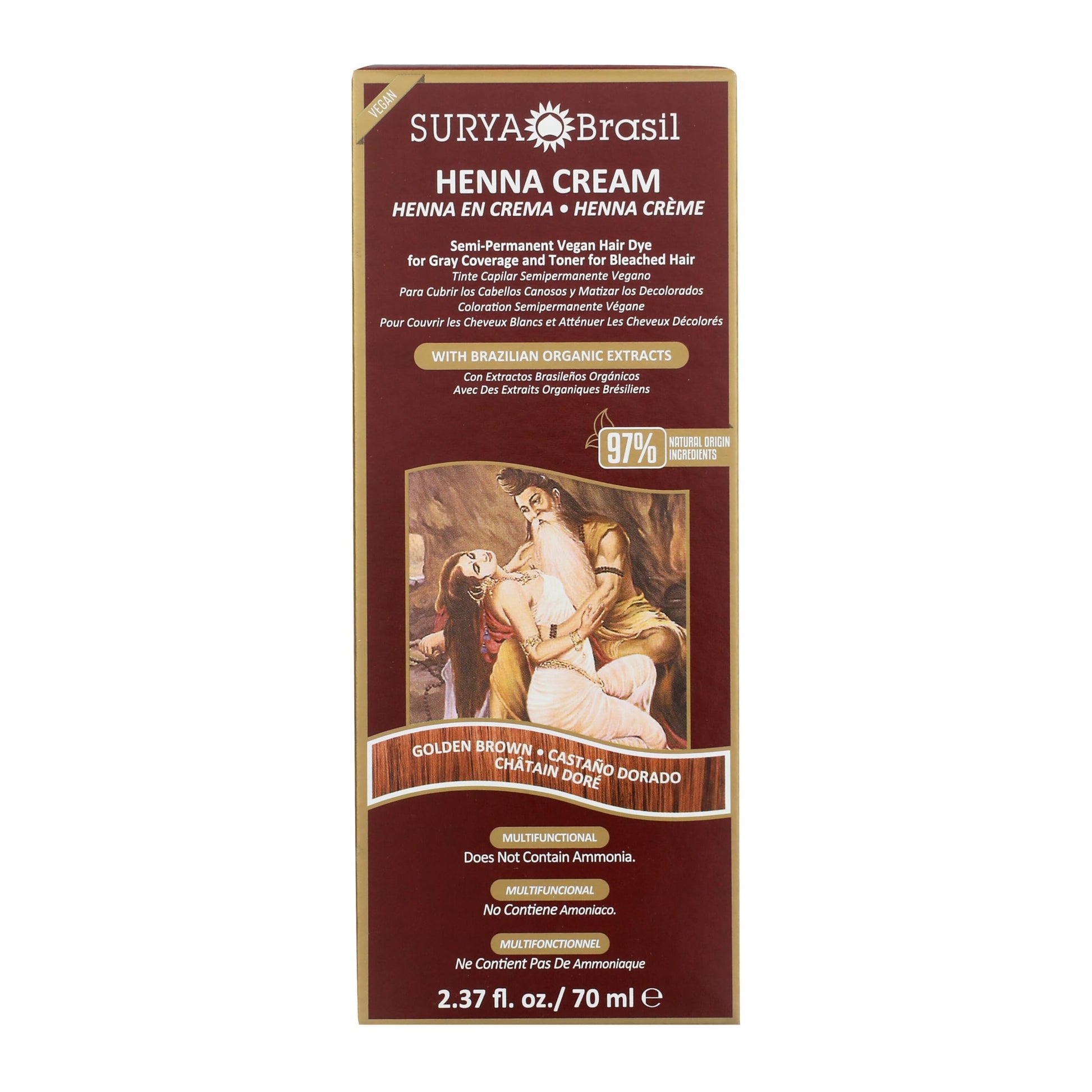 Saddle Brown Surya Brasil - Henna Cream, Semi-Permanent Golden Brown Hair Color Treatment for Gray Coverage, Deep Conditioning Hair Dye, 2.37 oz / 70 ml