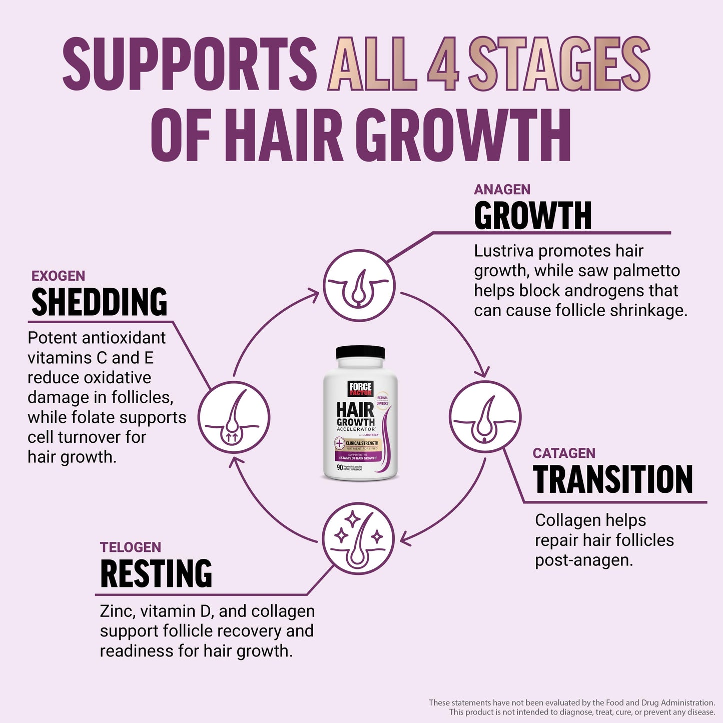 Lavender Blush Force Factor Hair Growth Accelerator Multivitamin for Women & Men, with Lustriva, Biotin, Horsetail & Vitamins A, B12, C, D & E for Thicker Hair, Healthier Skin & Nails, 90 Capsules