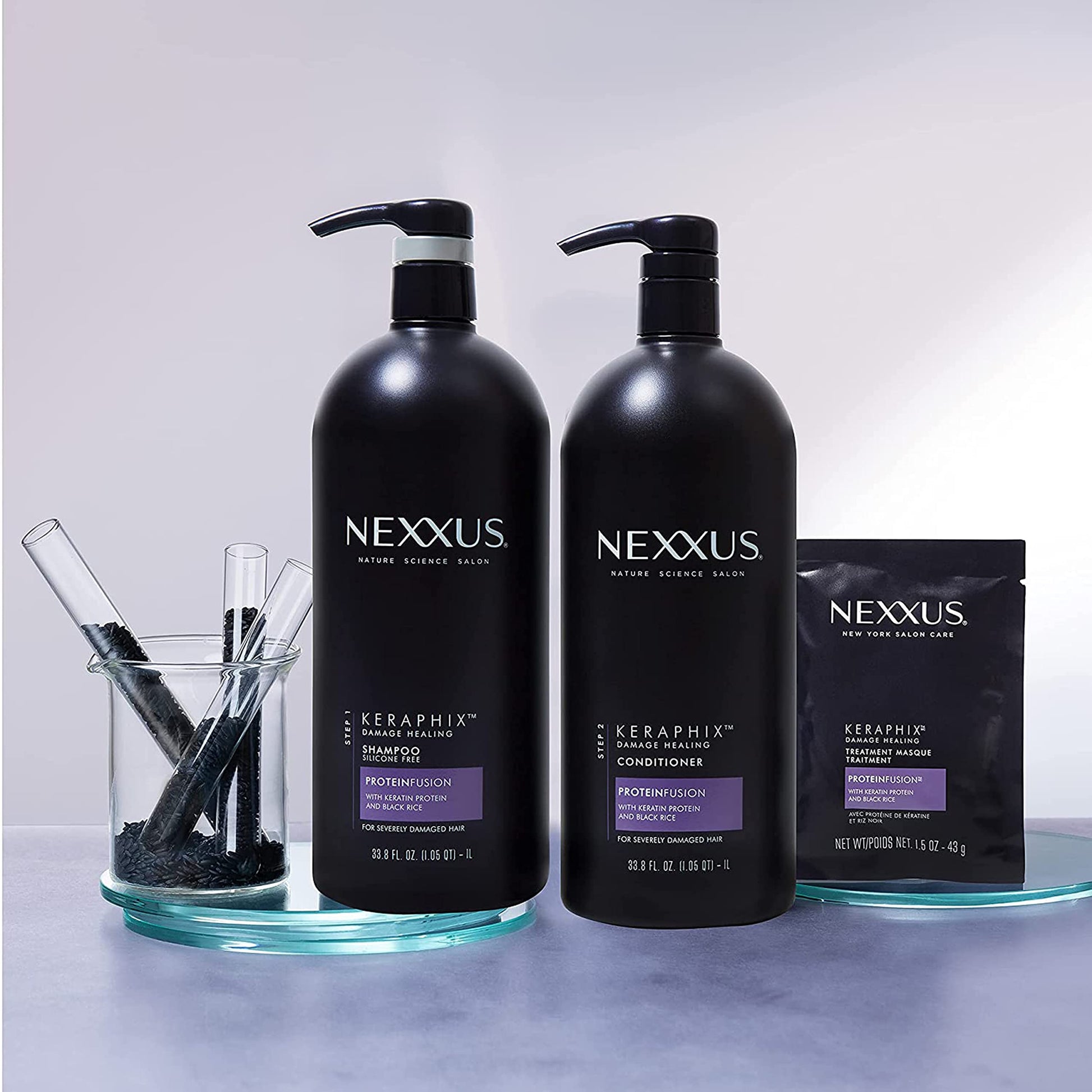 Light Gray Nexxus Keraphix Shampoo and Conditioner - Damaged Hair Treatment System with Keratin Protein and Black Rice, 2 Count & 3 Repair Masks Treatment, 33.8 oz, 1.5 oz, 3 Count, 5 Count ( Pack of 1)