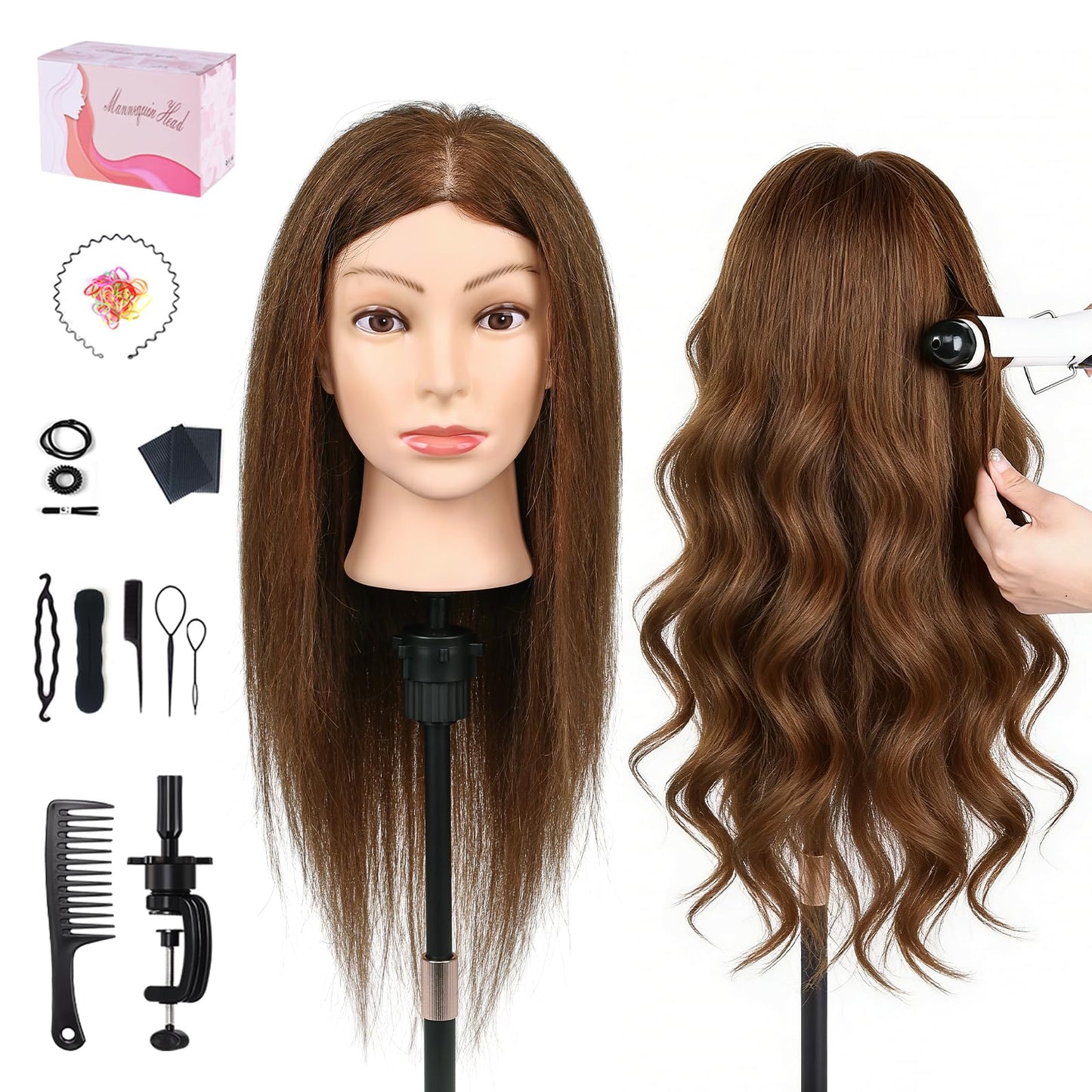 White Smoke 18 Inch 100% Real Human Hair Mannequin Head, Cosmetology Manikin Head Training Doll Head for Hair Styling, Braiding, Curling Practice, with Table Clamp Holder & Complete Styling Tools Kit(Brown)
