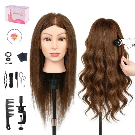 White Smoke 18 Inch 100% Real Human Hair Mannequin Head, Cosmetology Manikin Head Training Doll Head for Hair Styling, Braiding, Curling Practice, with Table Clamp Holder & Complete Styling Tools Kit(Brown)