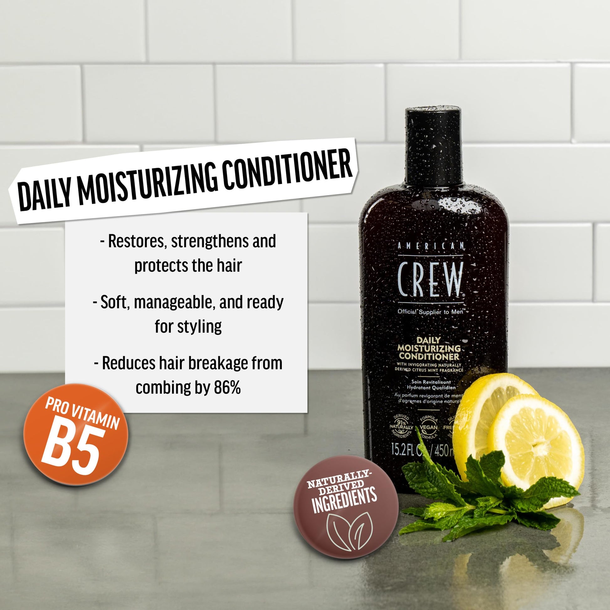 Light Gray American Crew Conditioner for Men, Daily Moisturizer, Naturally Derived, Vegan Formula, Citrus Mint Fragrance, 33.8 Fl Oz