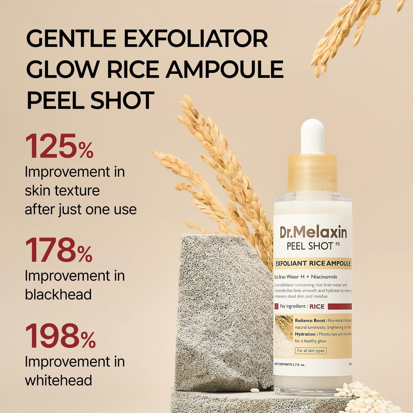 Wheat Dr.Melaxin Peel Shot Glow White Rice Peeling Ampoule with Rice Extract & AHA BHA, Brightening & Gentle Exfoliating Serum for Sebum Control, Niacinamide & Hyaluronic Acid, Korean Skincare, 2.71 fl.oz