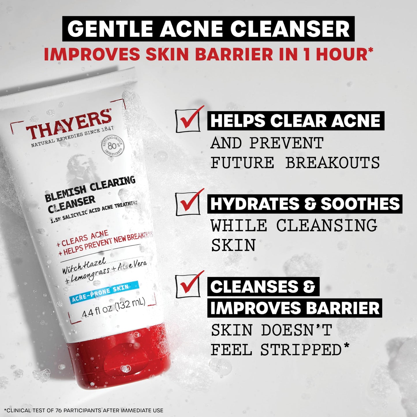 Light Gray THAYERS Blemish Clearing Face Cleanser with 1.5% Salicylic Acid, Acne Treatment Face Wash, Soothing and Non-Stripping Skin Care, 4.4 Fl Oz