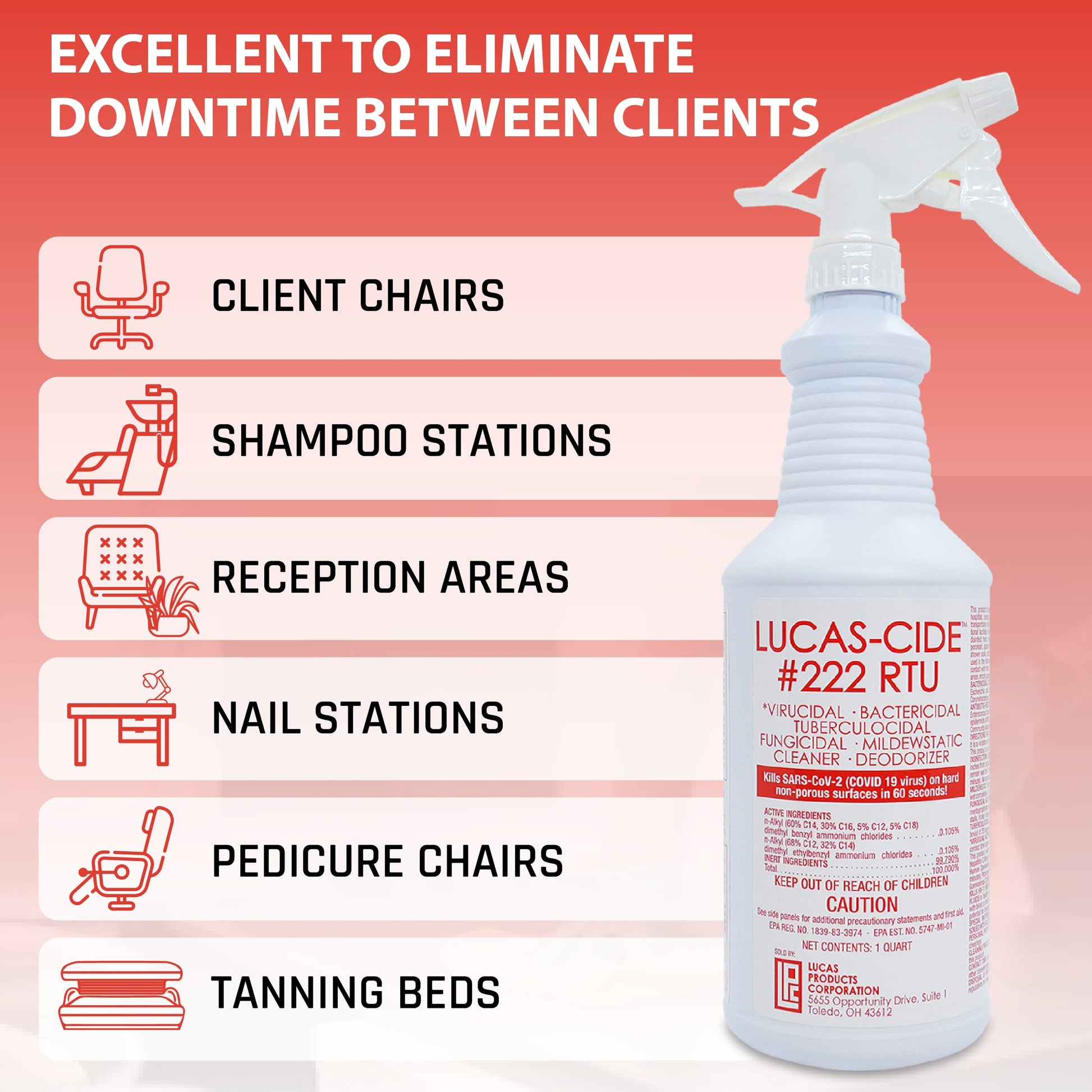 Misty Rose LUCAS-CIDE #222 RTU Hospital-Grade Salon and Spa 60 Second Disinfectant 32 Fl Oz