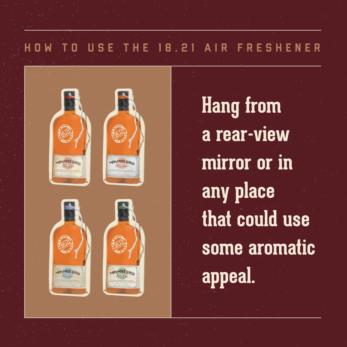 Dark Red 18.21 Man Made Premium Hanging Air Freshener Luxurious Original Four-Scent Variety-Pack, Long Lasting Fragrance for Car, Gym Bag, Travel Luggage or Closet.