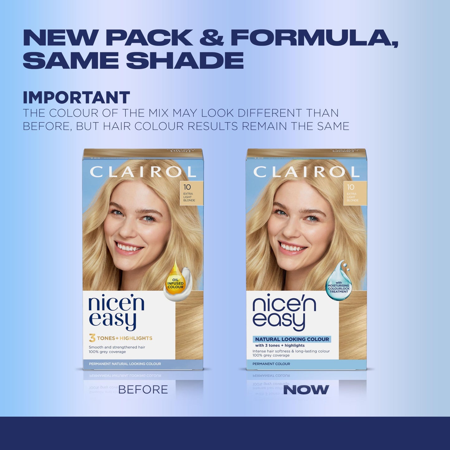 Powder Blue Clairol Nice'n Easy Permanent Hair Dye, 10 Extra Light Blonde Hair Color, Pack of 3 - Packaging May Vary